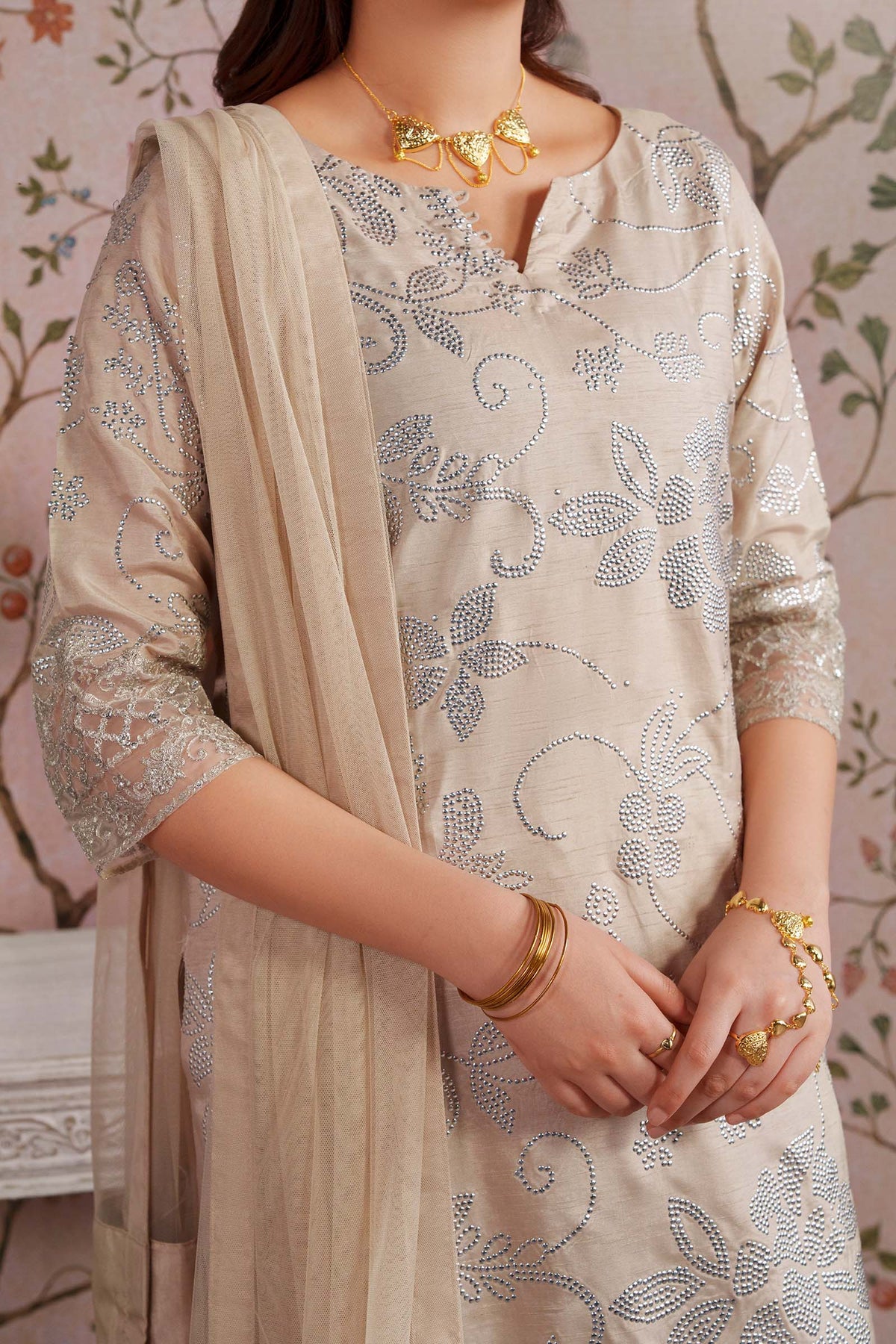 2 Pc Embellished Bamberg Raw Silk Suit - MBF2643-ESM-BEG
