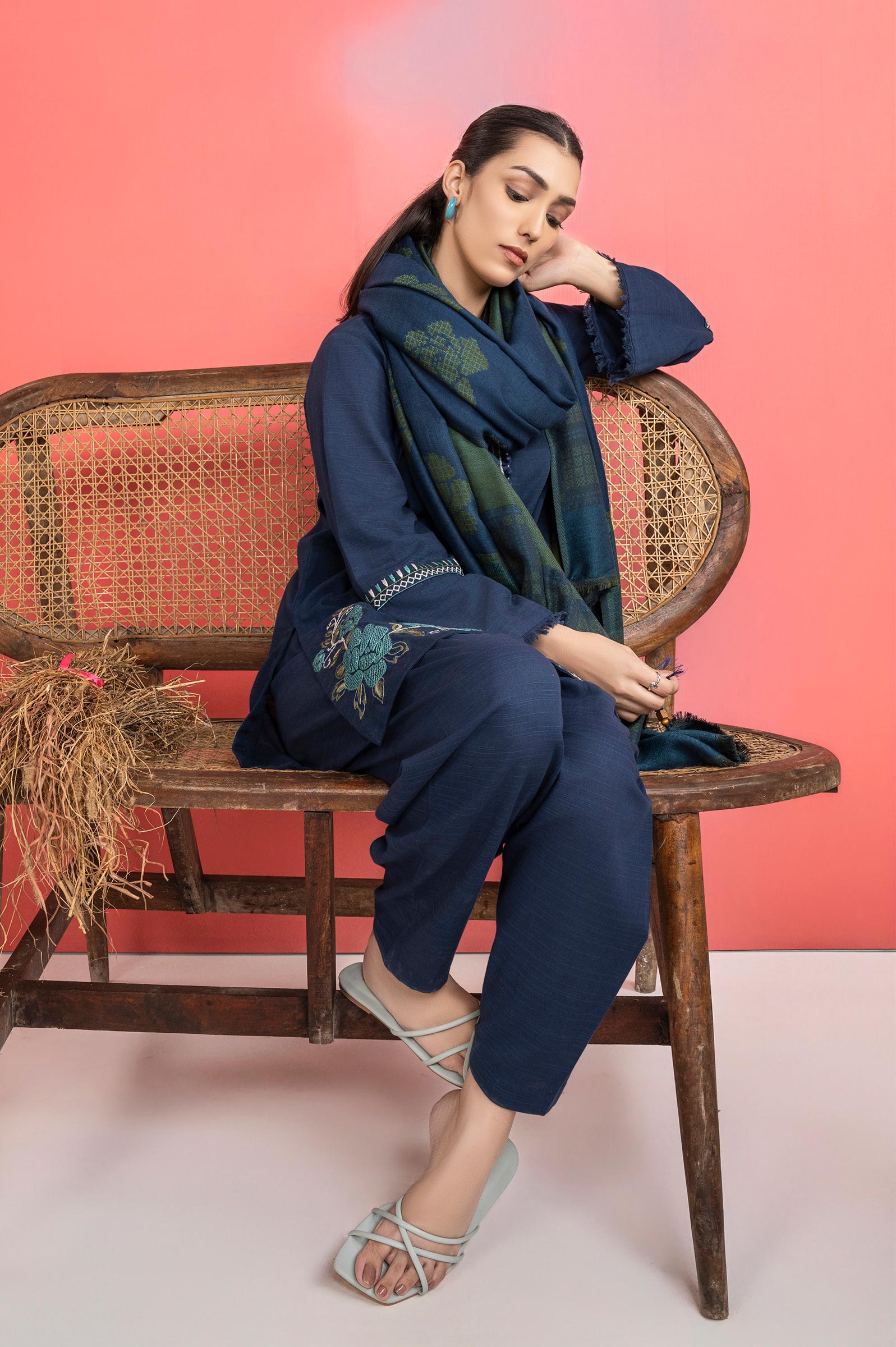 3 Pc Embroidered Slub Khaddar Suit