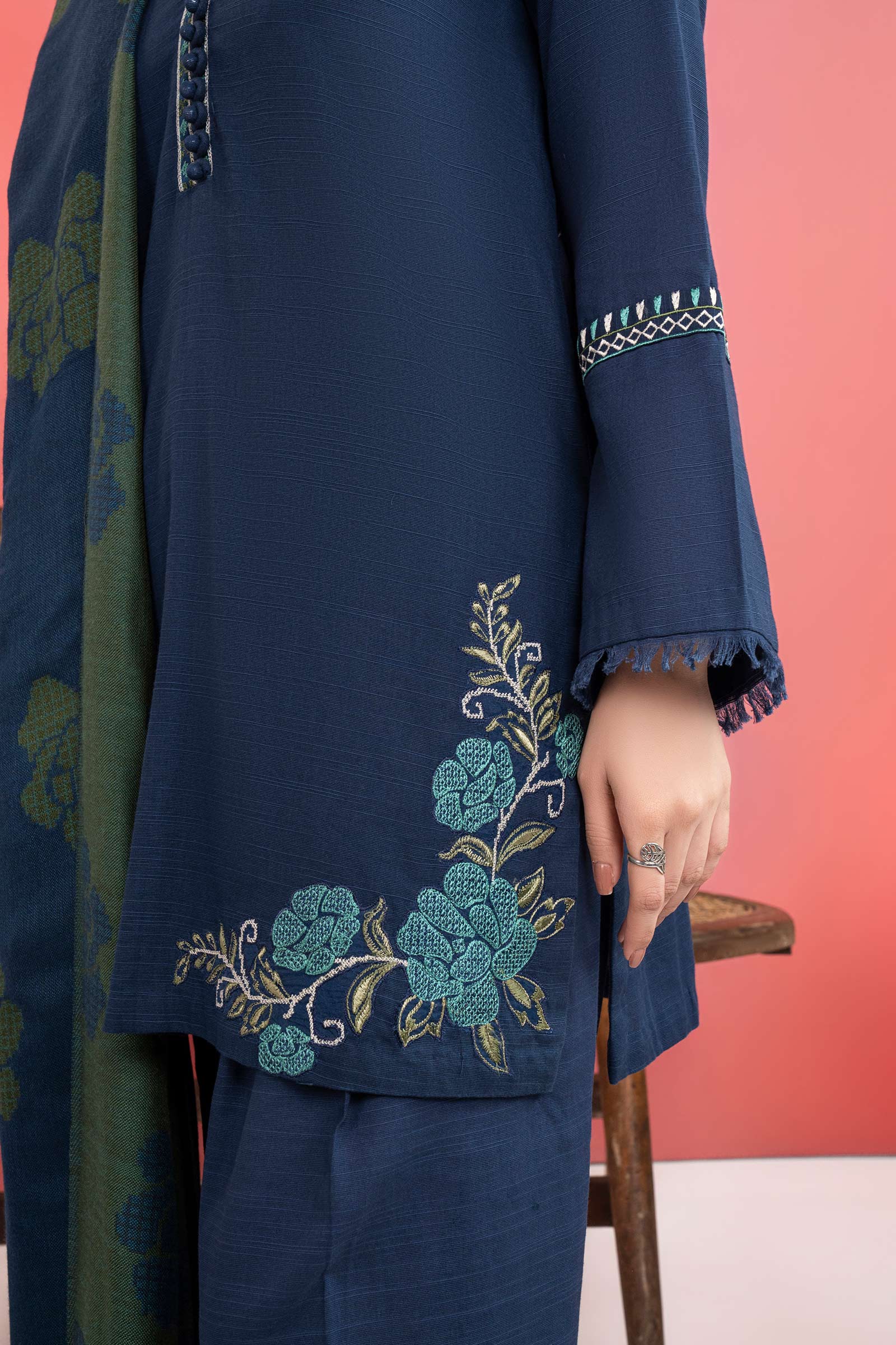 3 Pc Embroidered Slub Khaddar Suit
