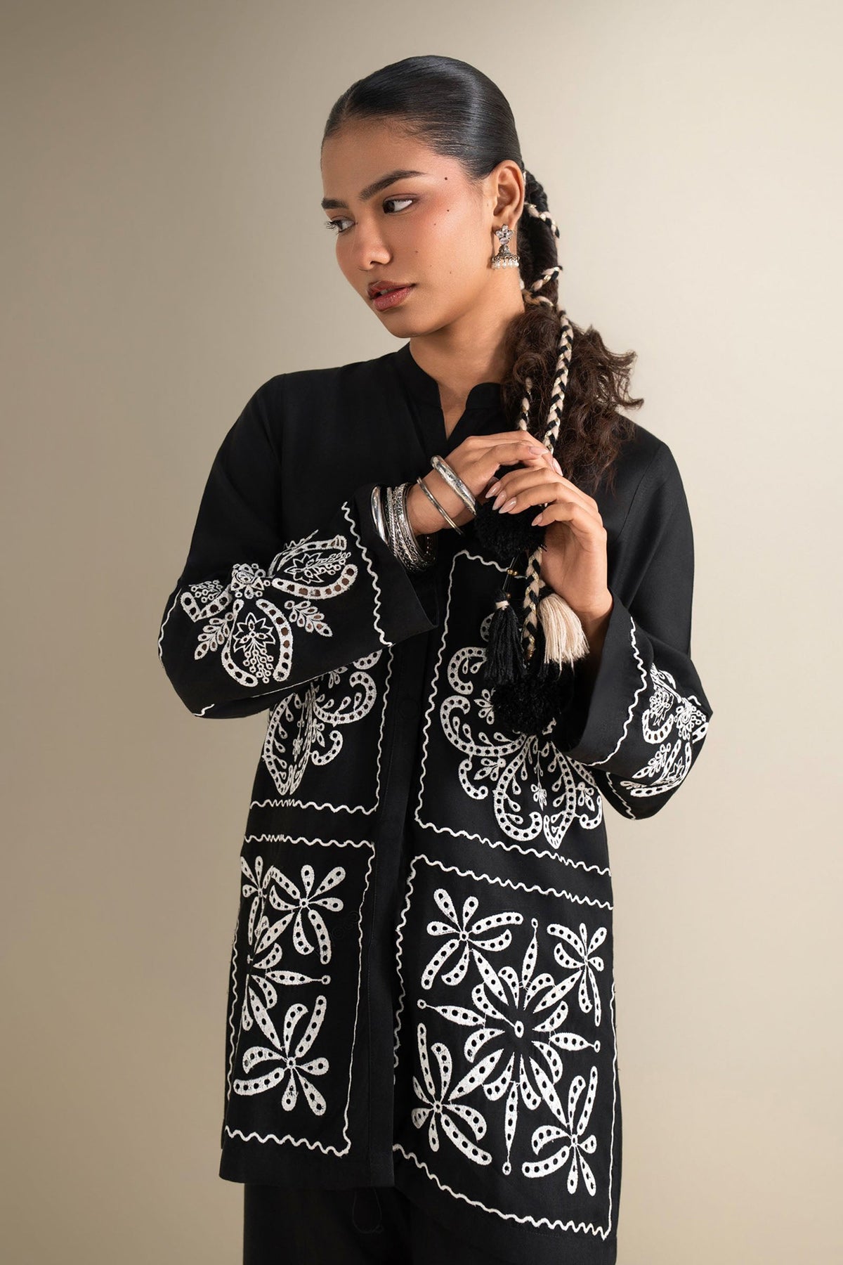 2 Pc Embroidered Linen Suit - MBD1145-ESM-BLK