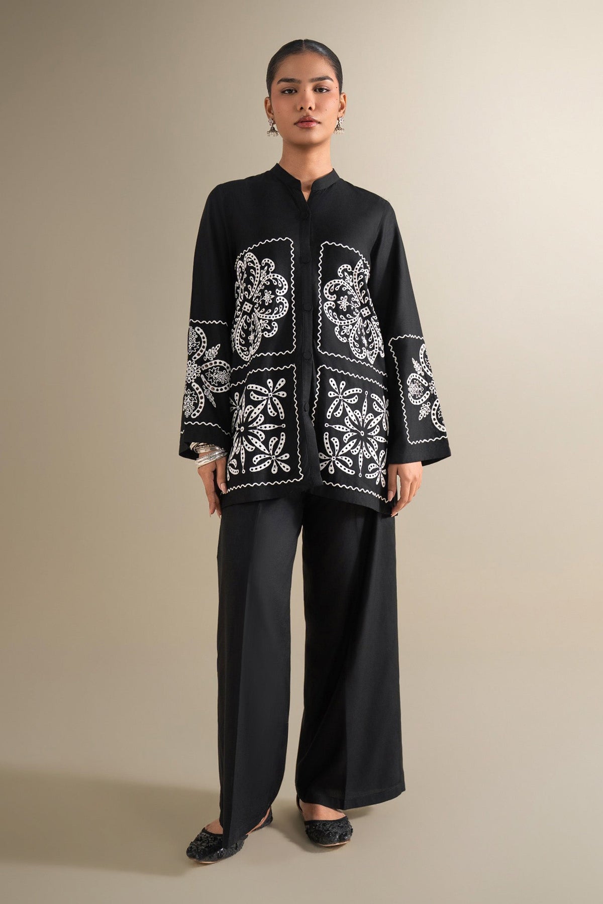 2 Pc Embroidered Linen Suit - MBD1145-ESM-BLK