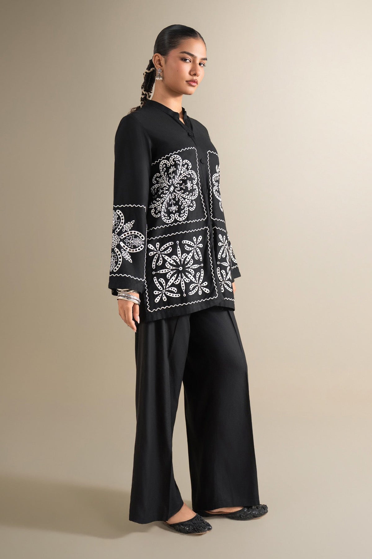 2 Pc Embroidered Linen Suit - MBD1145-ESM-BLK