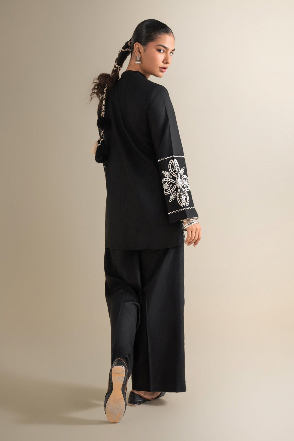 2 Pc Embroidered Linen Suit - MBD1145-ESM-BLK