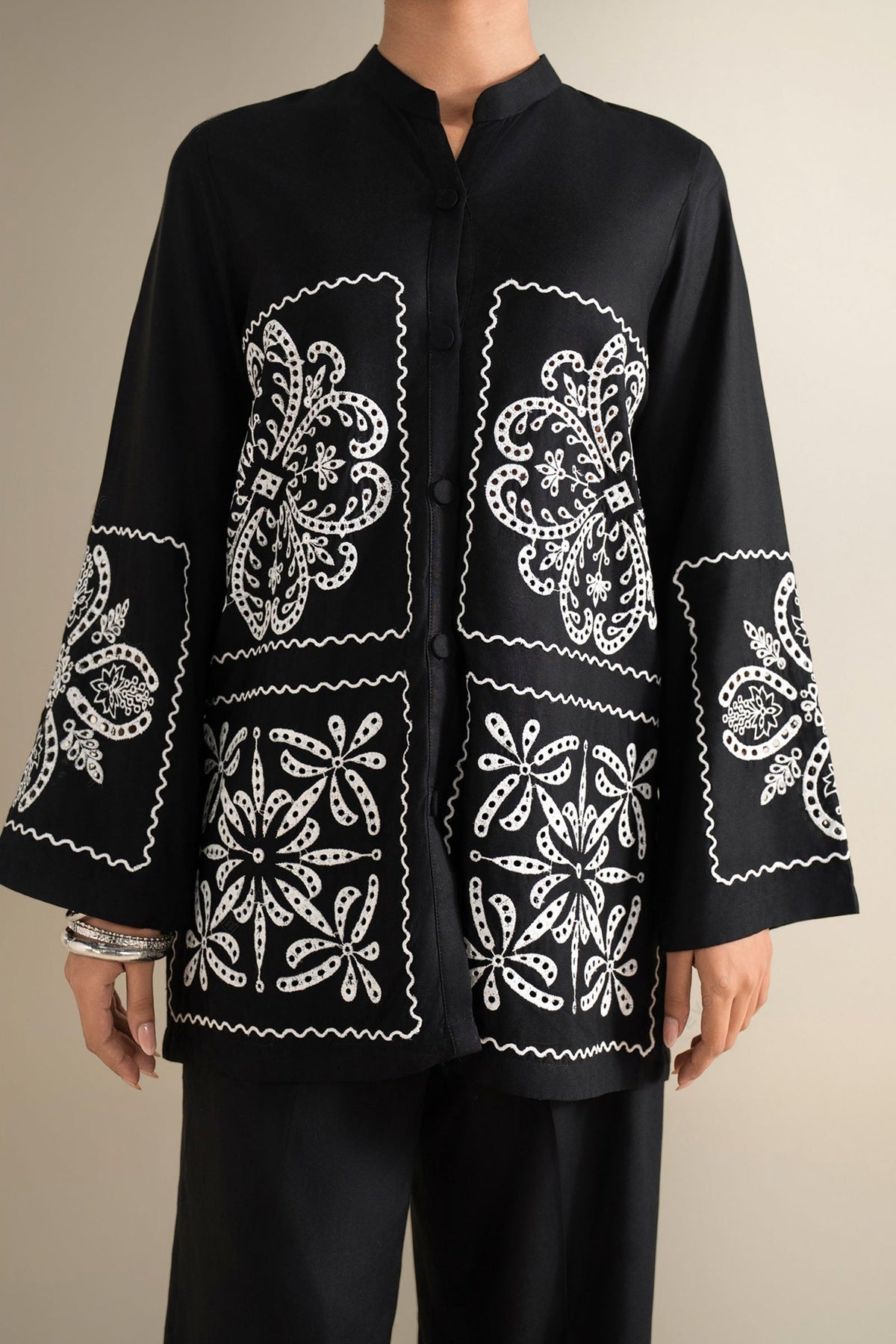 2 Pc Embroidered Linen Suit - MBD1145-ESM-BLK