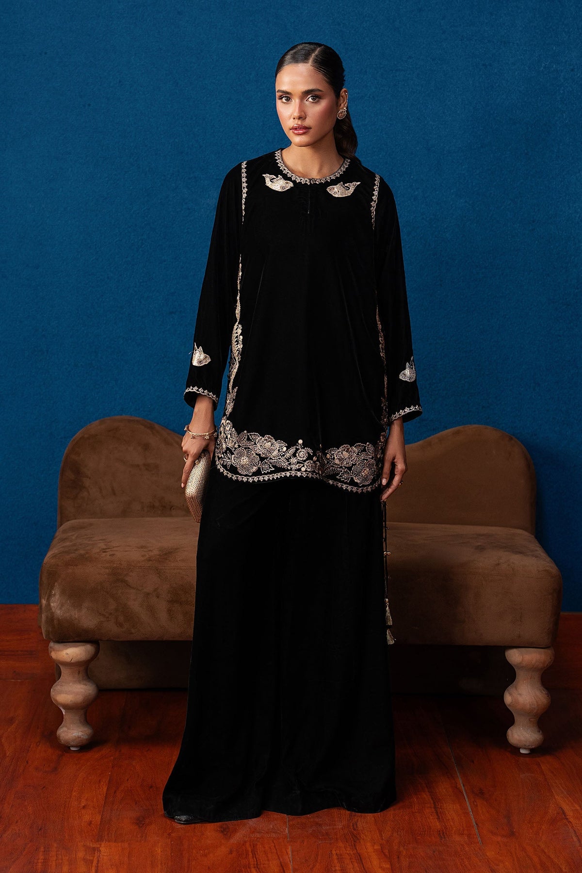2 Pc Embroidered Velvet Suit