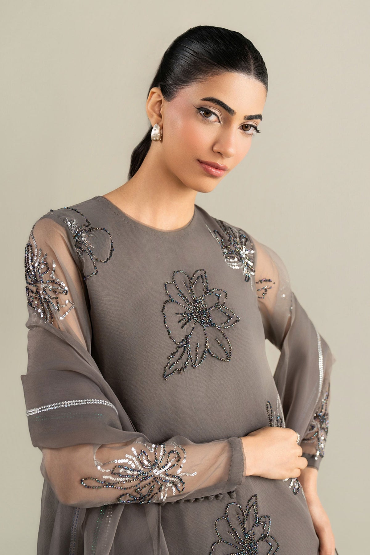 3 Pc Embellished Raw Silk Suit - MBW2514-ESM-MGY