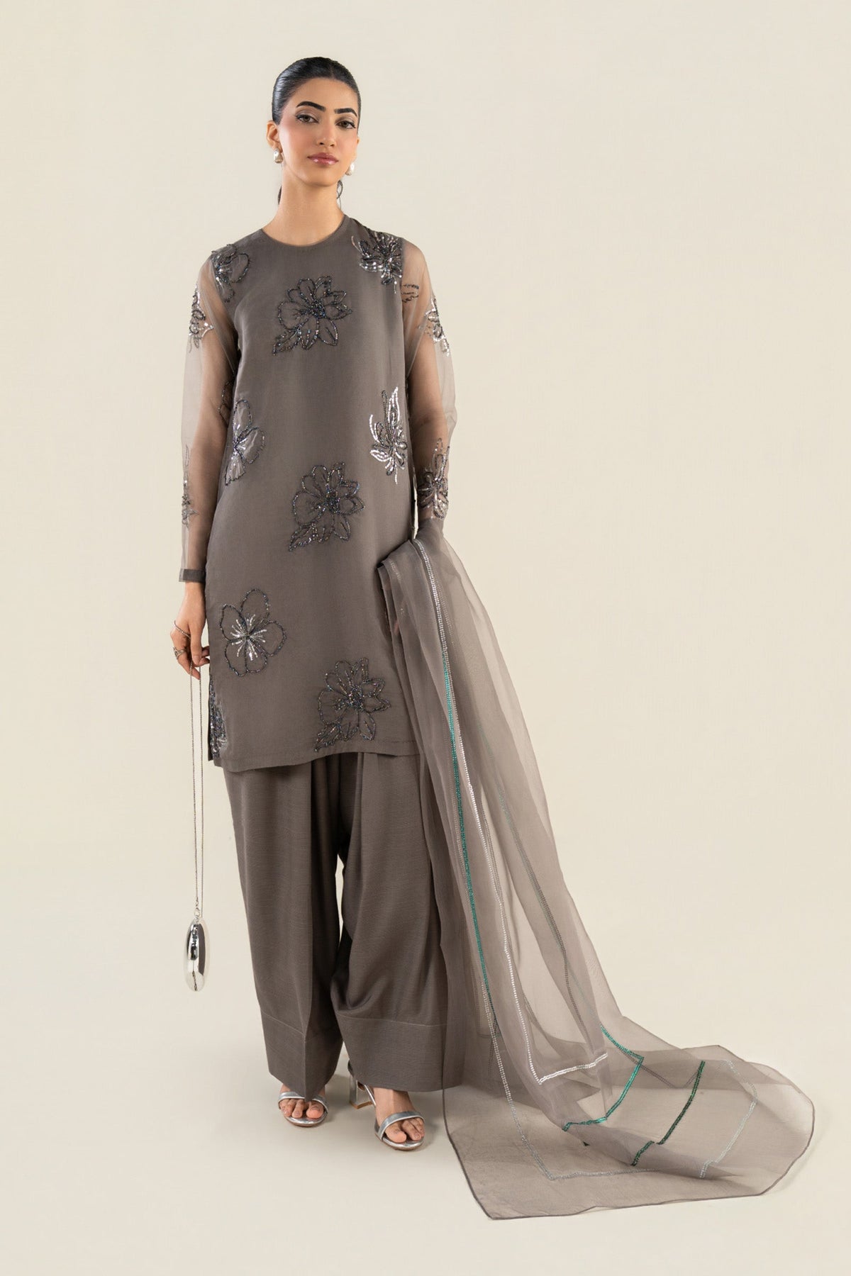 3 Pc Embellished Raw Silk Suit