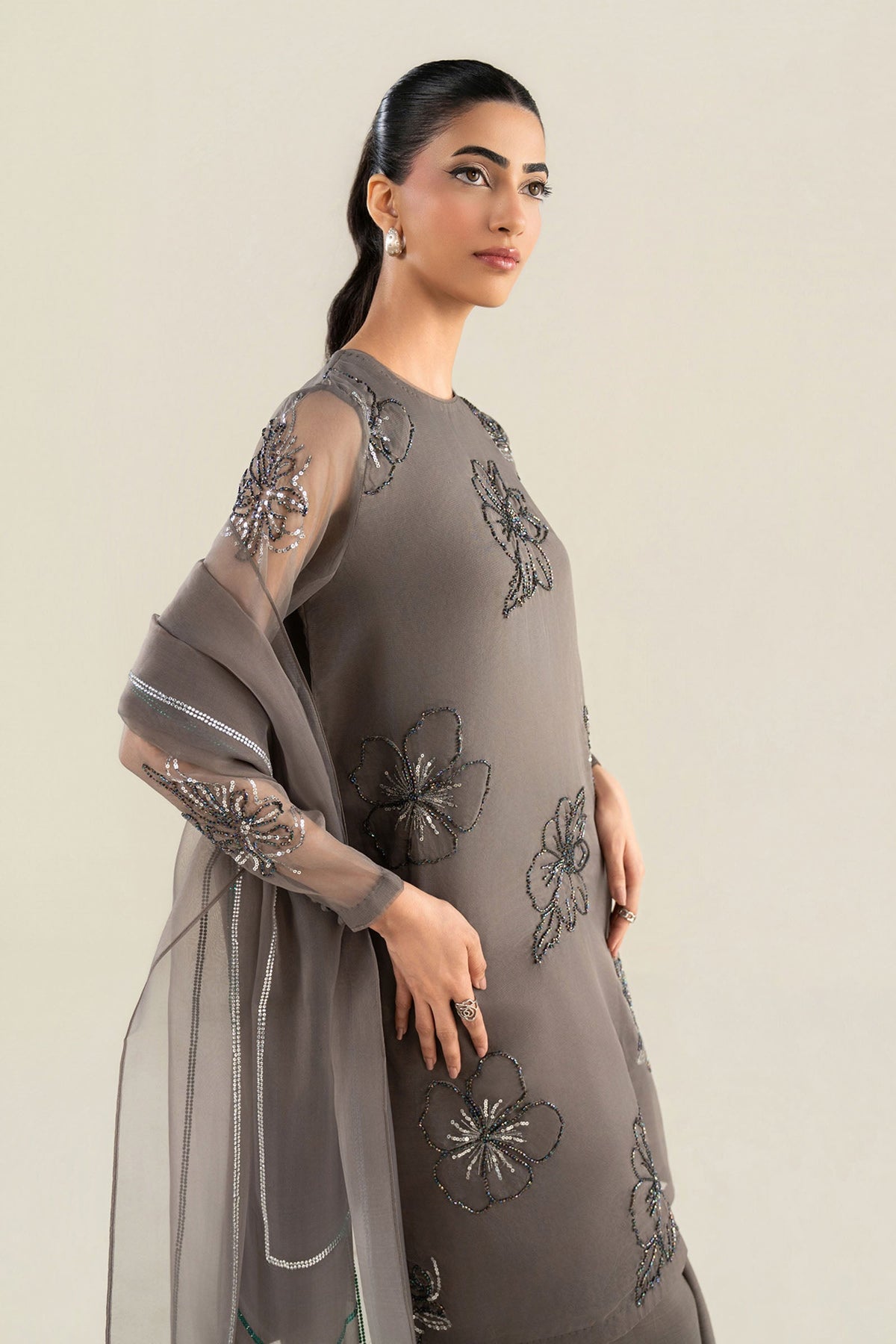 3 Pc Embellished Raw Silk Suit