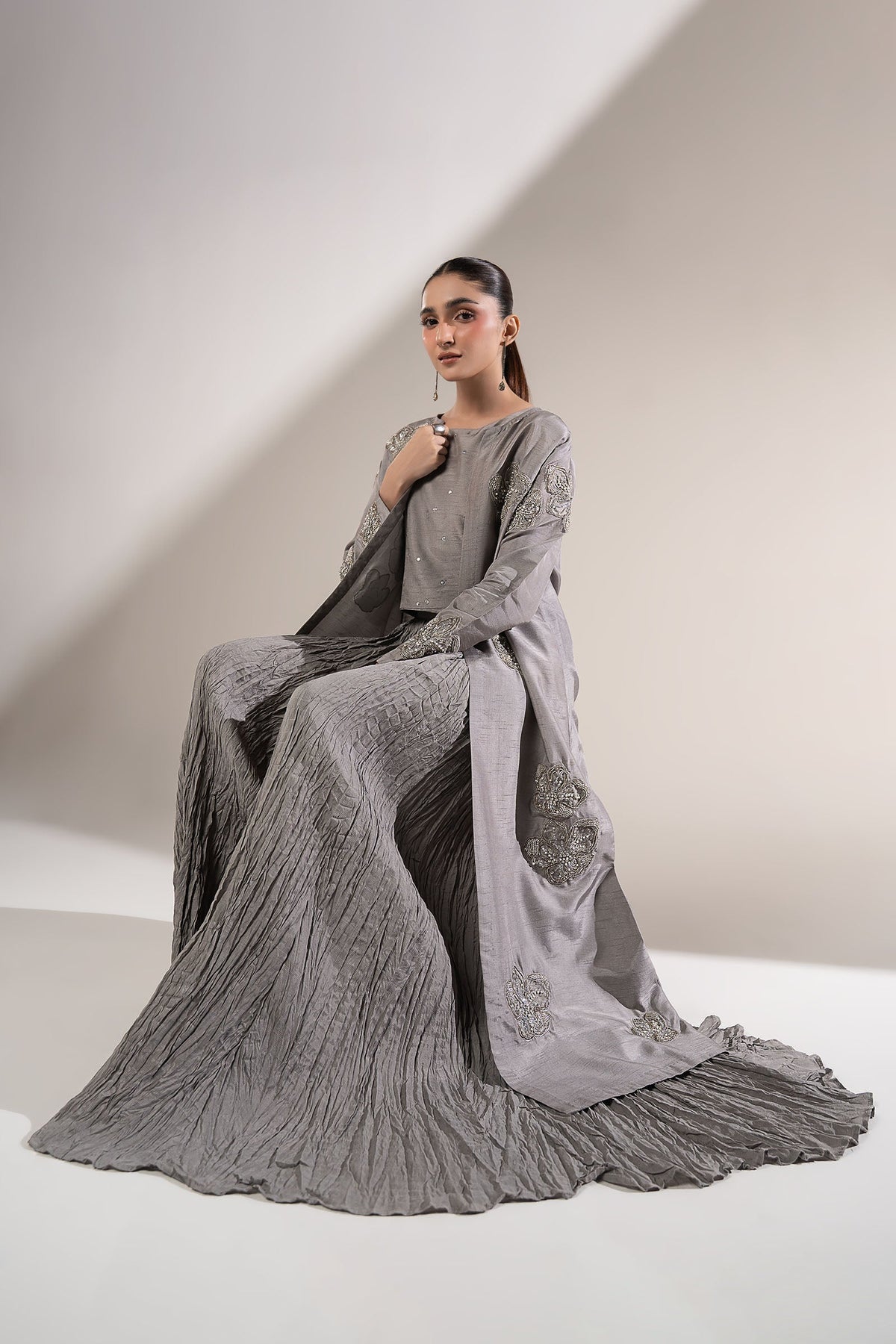 3 Pc Embellished Raw Silk Suit