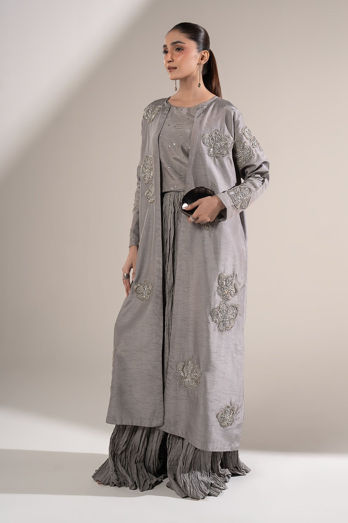 3 Pc Embellished Raw Silk Suit