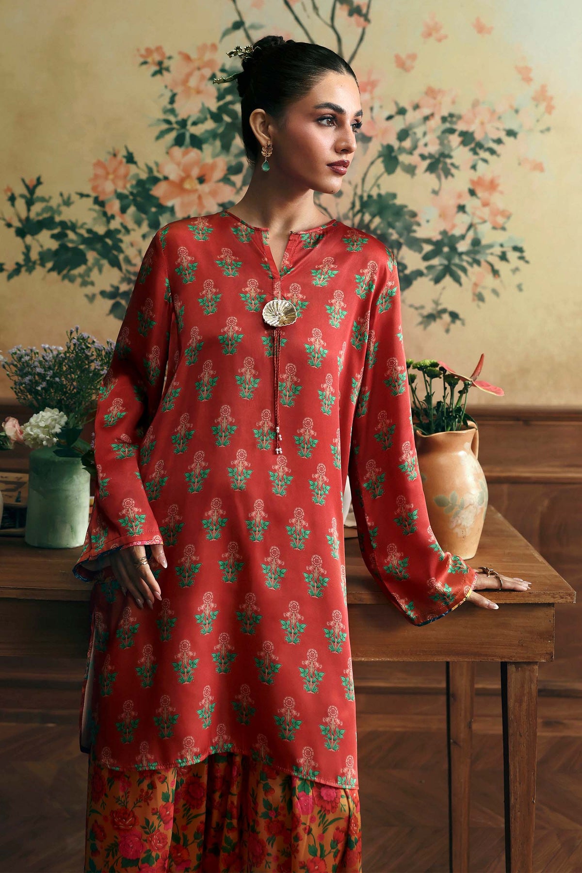 2 Pc Printed Satin Silk Suit