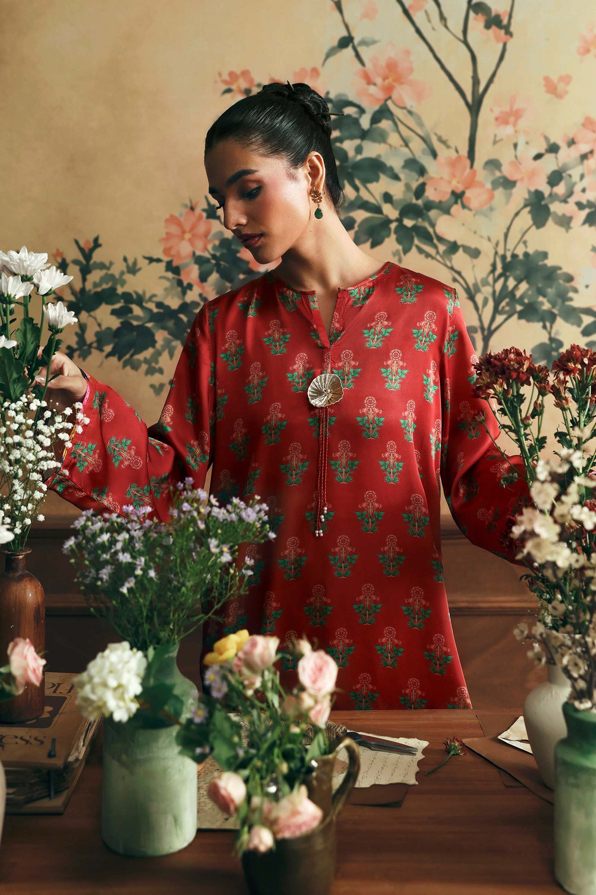 2 Pc Printed Satin Silk Suit