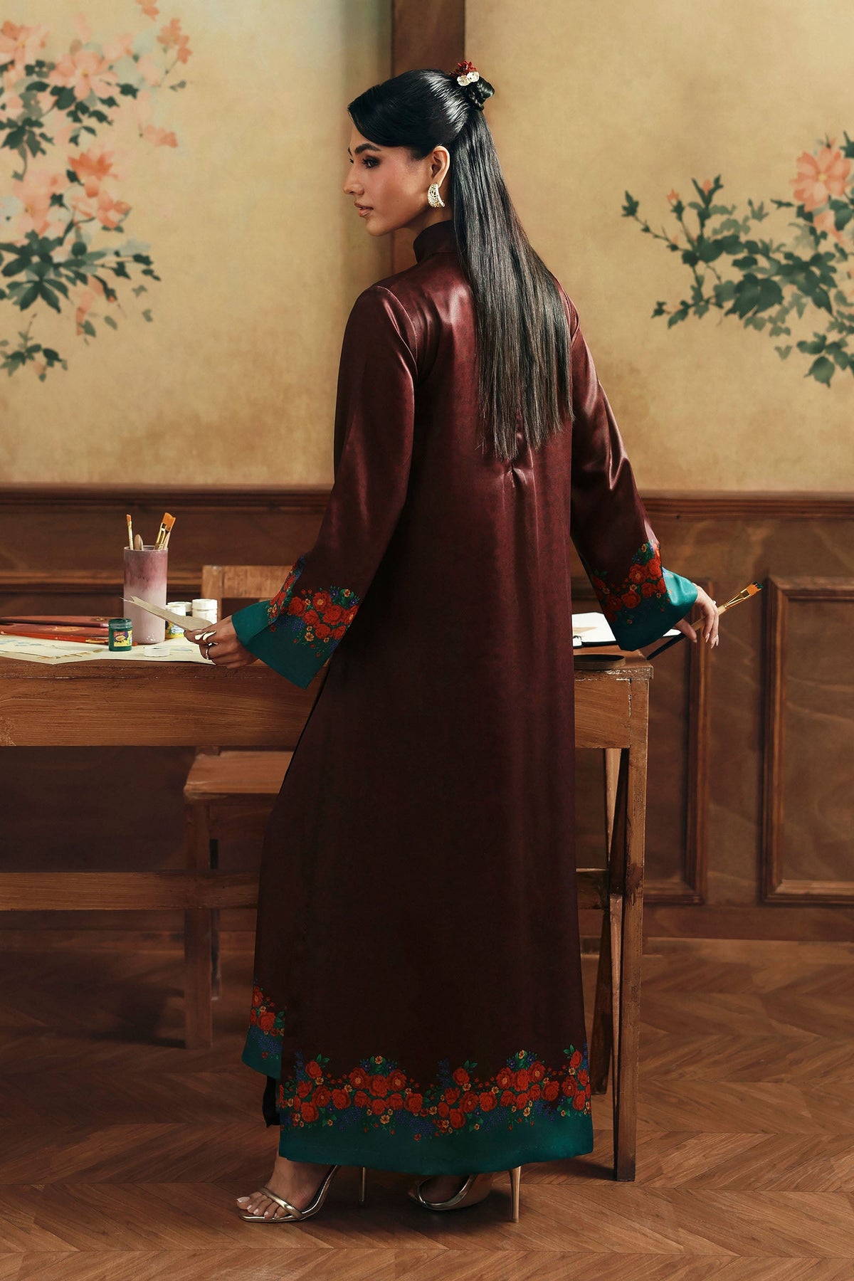 2 Pc Embellished Satin Silk Suit