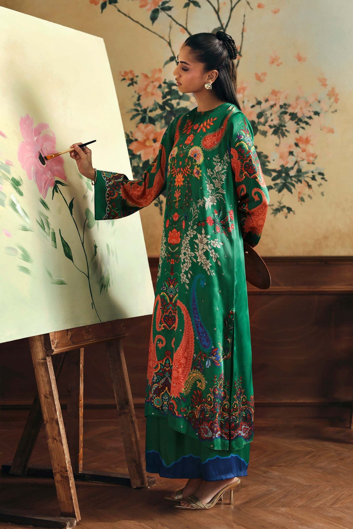 2 Pc Embellished Satin Silk Suit - MBD1F19-ESM-GRN
