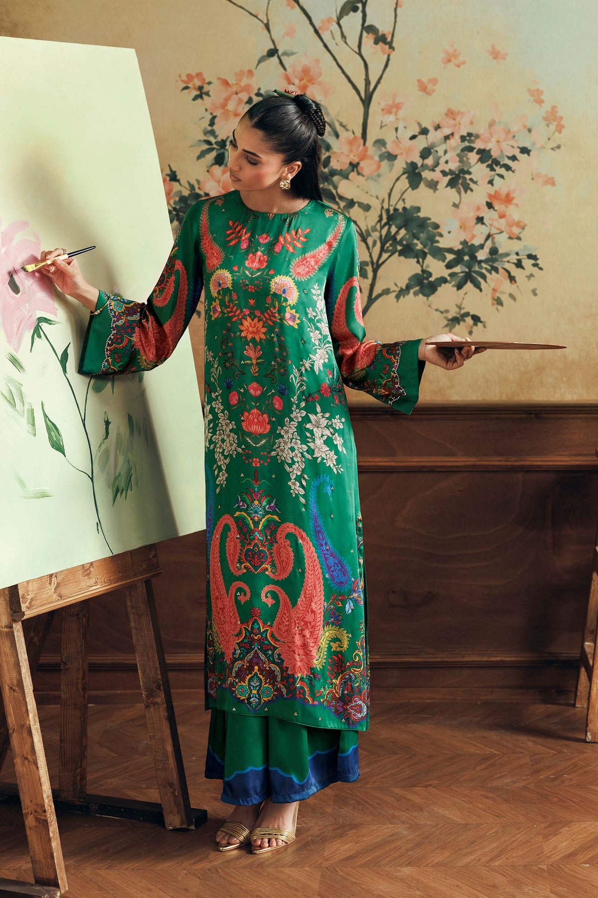 2 Pc Embellished Satin Silk Suit - MBD1F19-ESM-GRN