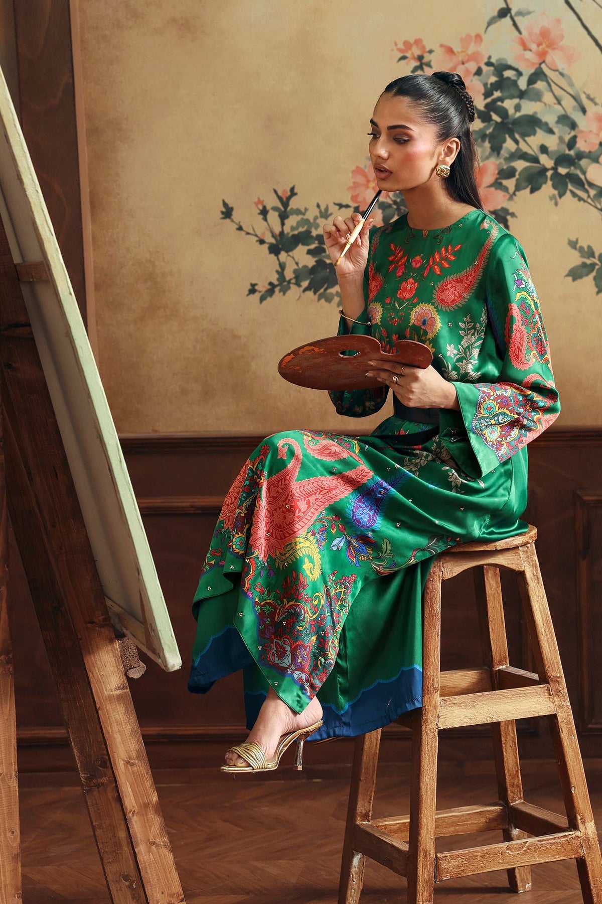 2 Pc Embellished Satin Silk Suit - MBD1F19-ESM-GRN
