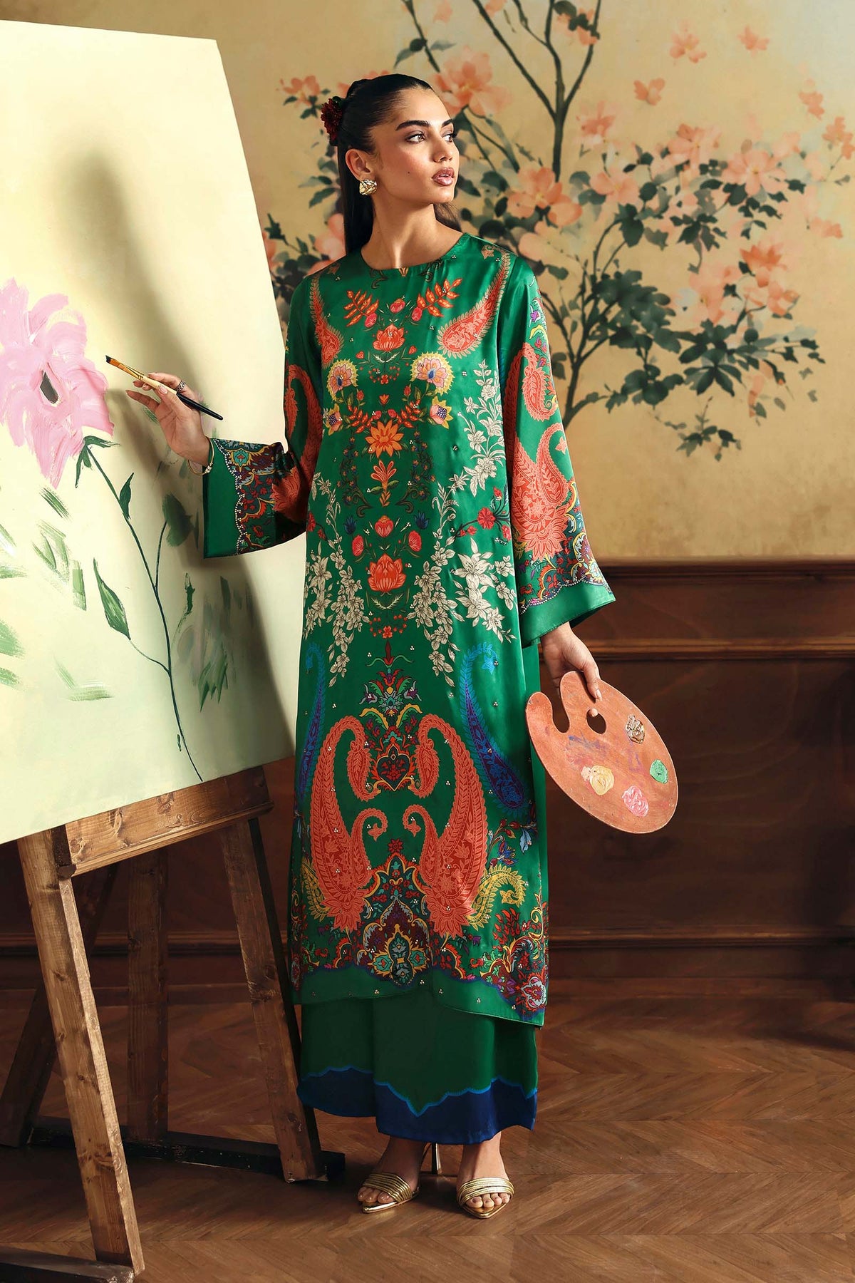 2 Pc Embellished Satin Silk Suit - MBD1F19-ESM-GRN