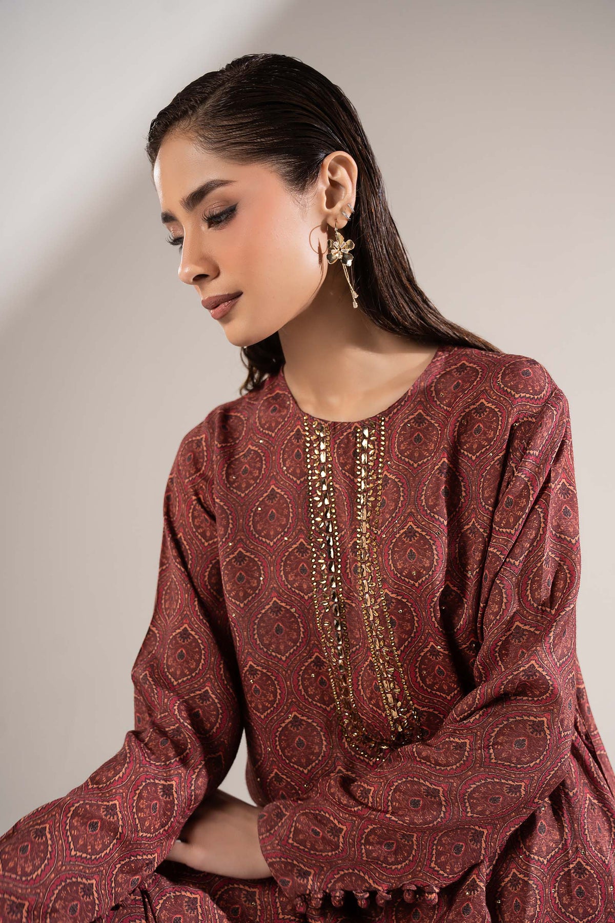 2 Pc Embellished Raw Silk Suit - MBD1F37-ESM-MRN