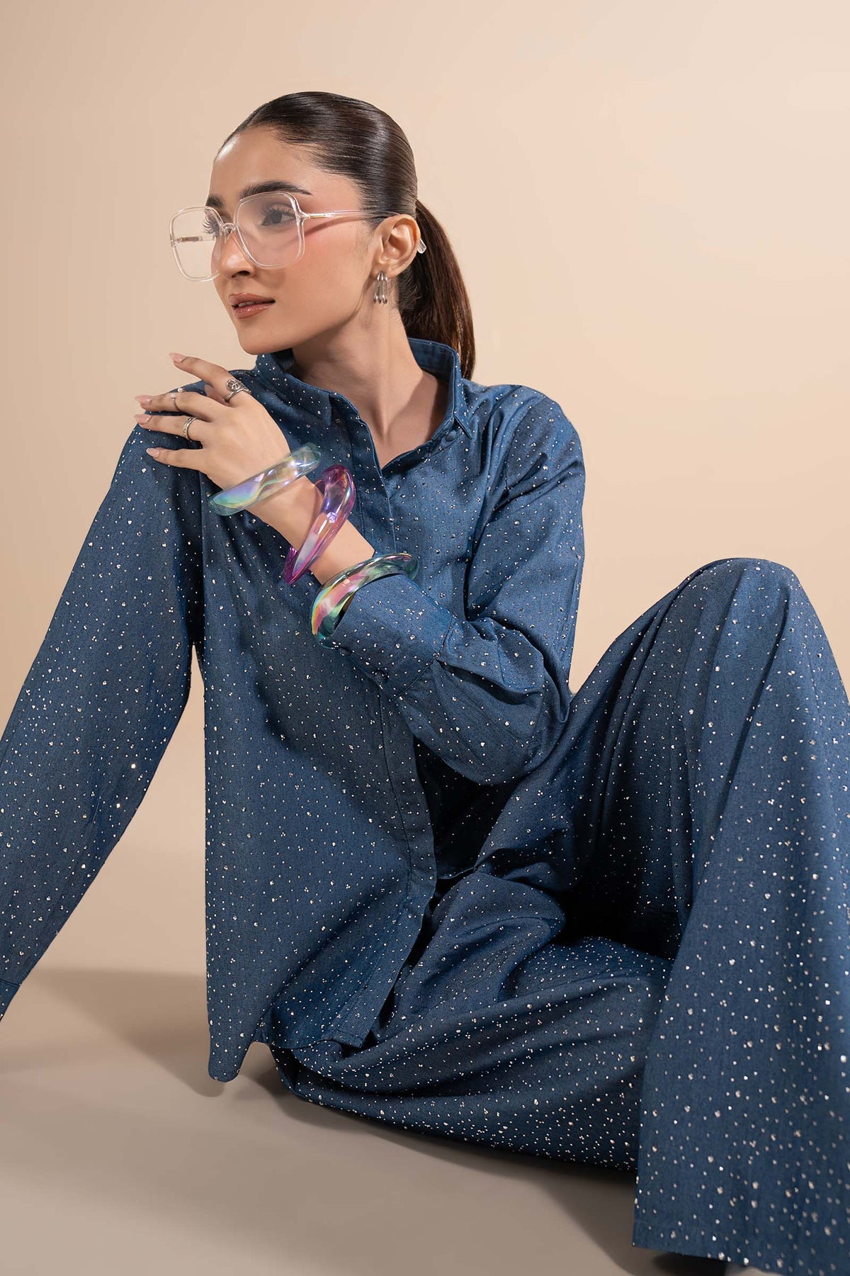 2 Pc Embellished Denim Suit