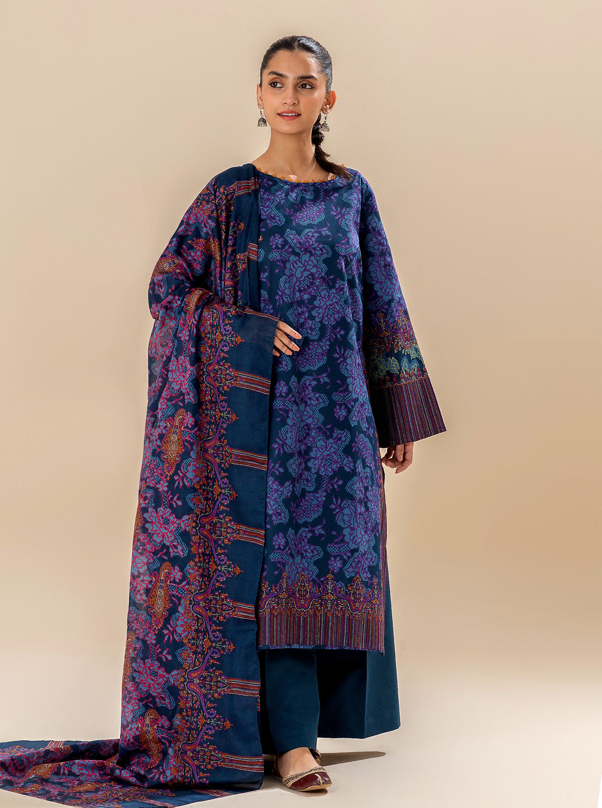 3 Piece Printed Lawn Suit-Sea Coral (Unstitched)