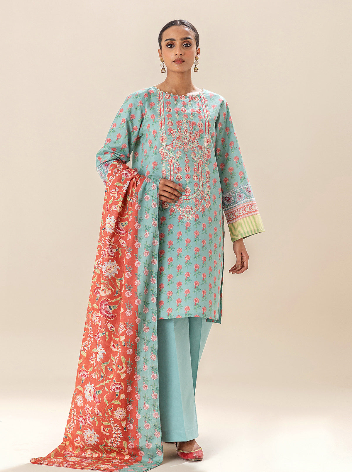 3 Piece Embroidered Lawn Suit-Sea Coral (Unstitched)