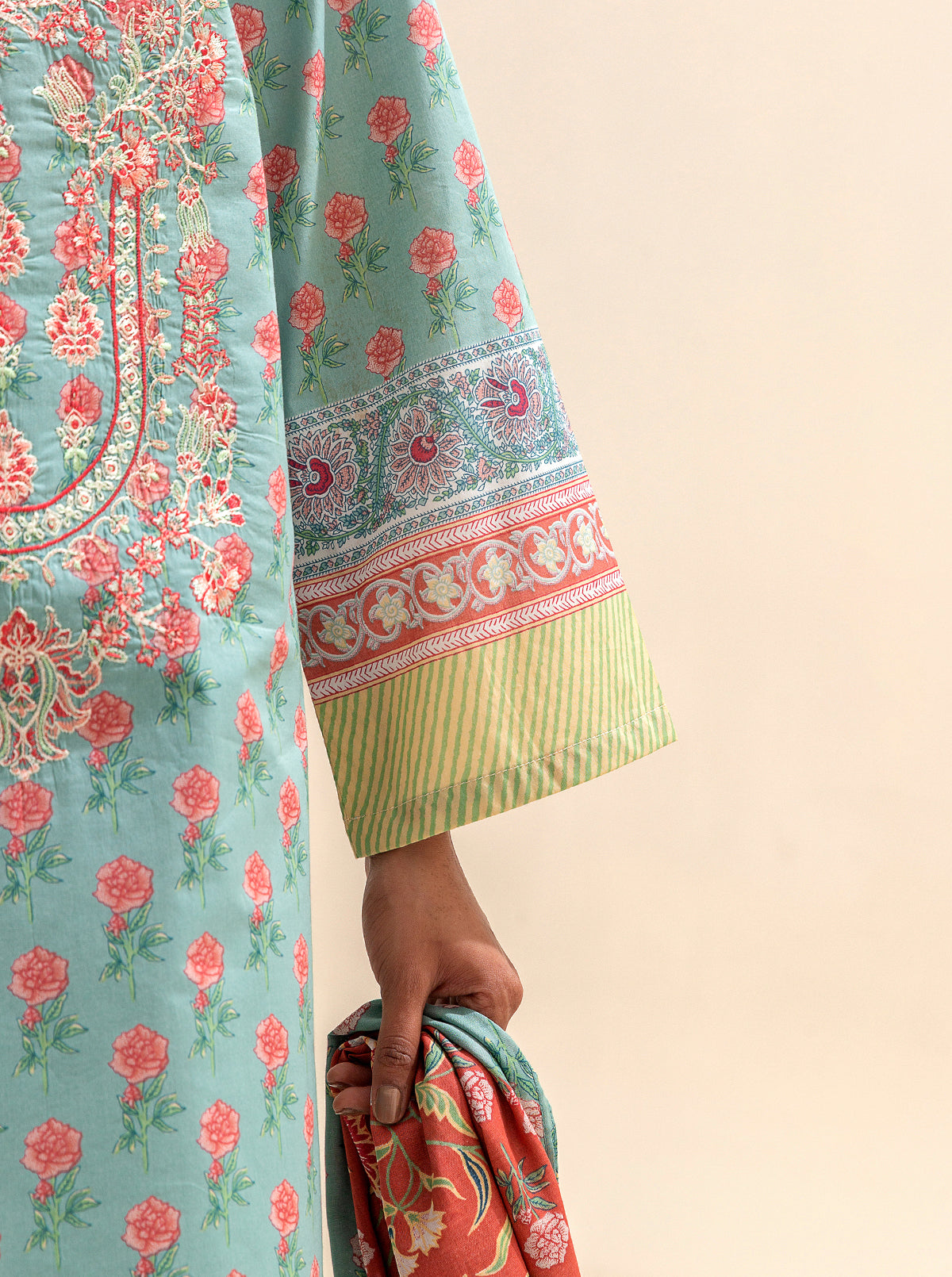 3 Piece Embroidered Lawn Suit-Sea Coral (Unstitched)