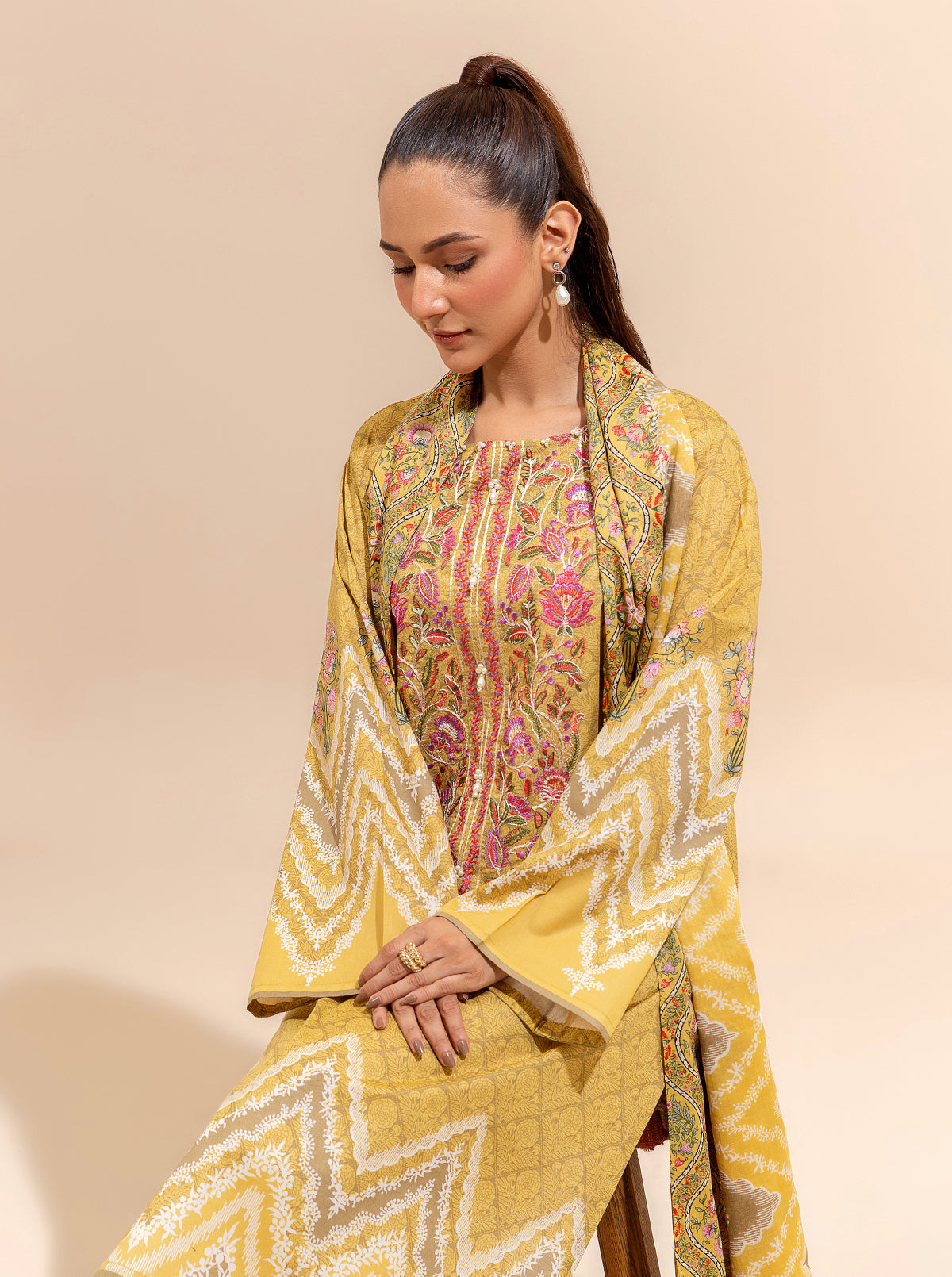 3 Piece Embroidered Lawn Suit-Sombre Sun (Unstitched)