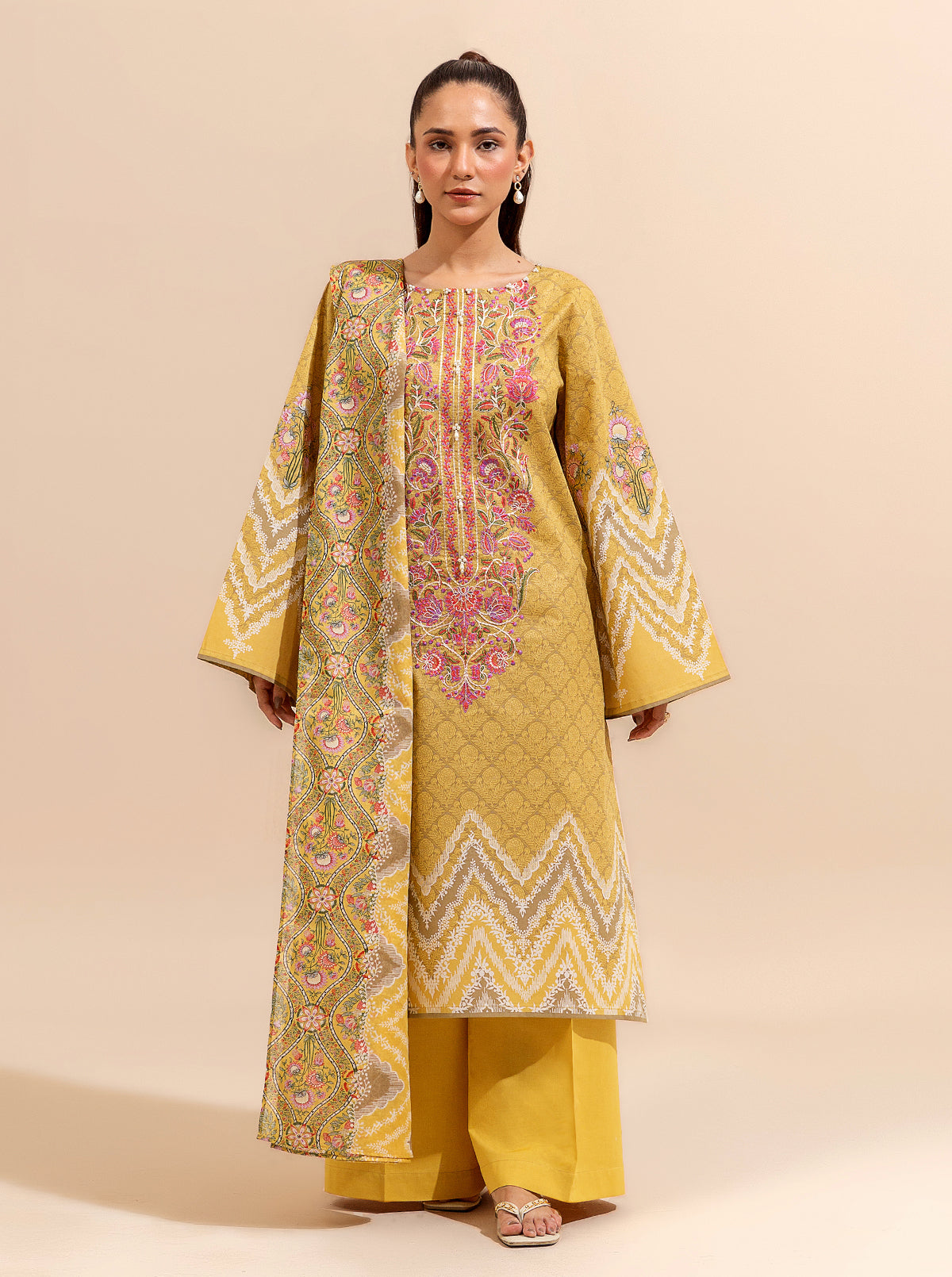 3 Piece Embroidered Lawn Suit-Sombre Sun (Unstitched)
