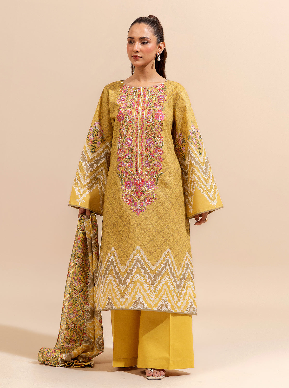 3 Piece Embroidered Lawn Suit-Sombre Sun (Unstitched)