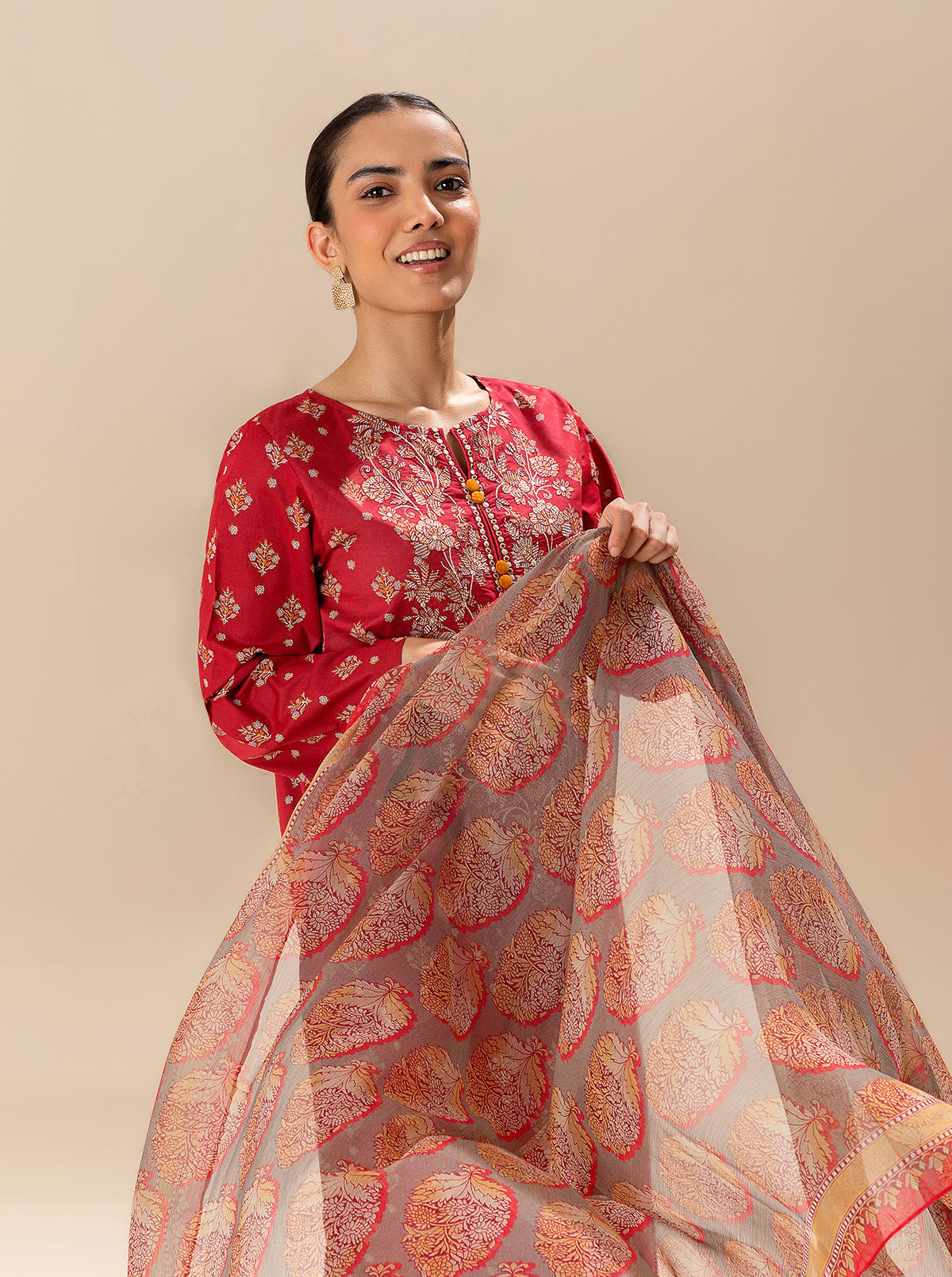 3 Piece Embroidered Lawn Suit-Bright Poppy (Unstitched)