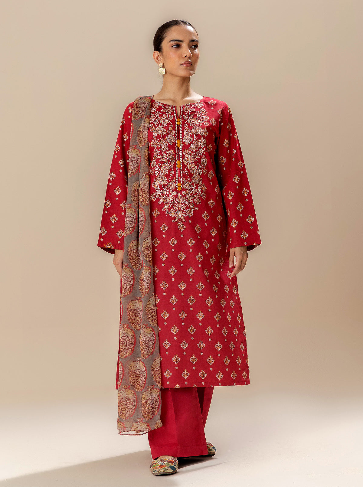 3 Piece Embroidered Lawn Suit-Bright Poppy (Unstitched)