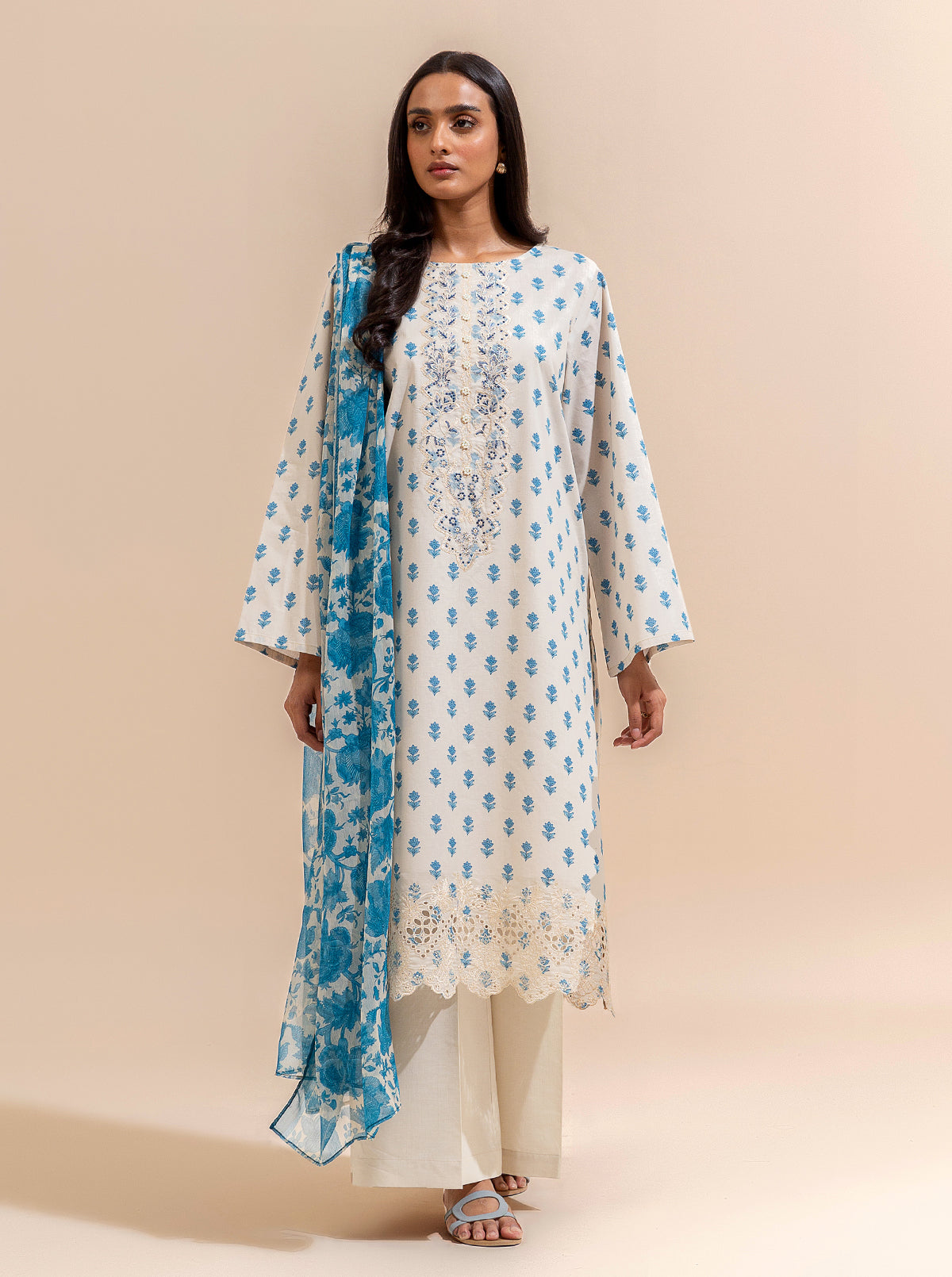3 Piece Embroidered Lawn Suit-Blue Gems (Unstitched)