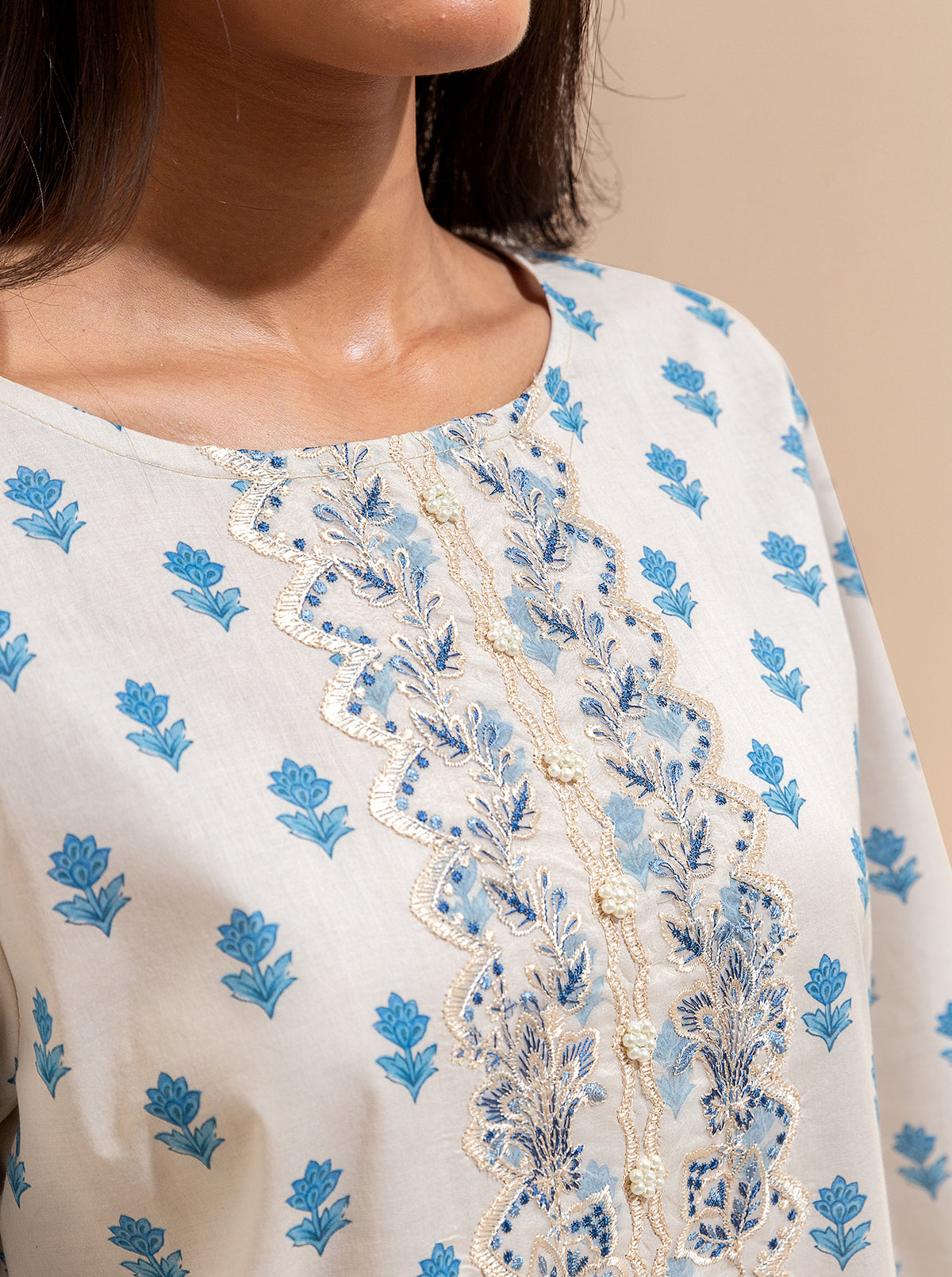 3 Piece Embroidered Lawn Suit-Blue Gems (Unstitched)