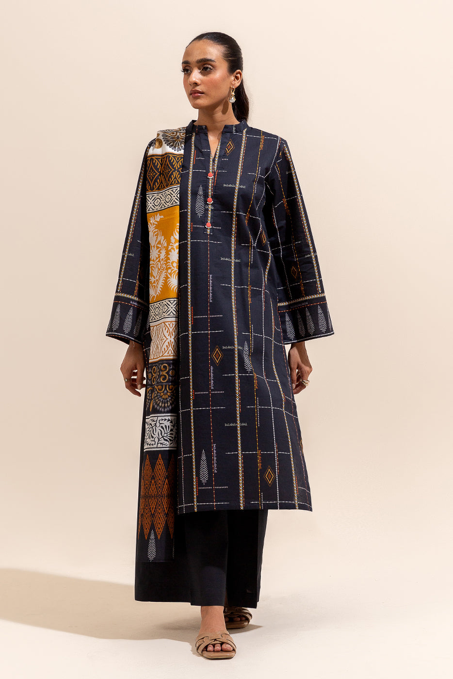 3 Piece Printed Lawn Suit-Nebulous Lines (Unstitched)