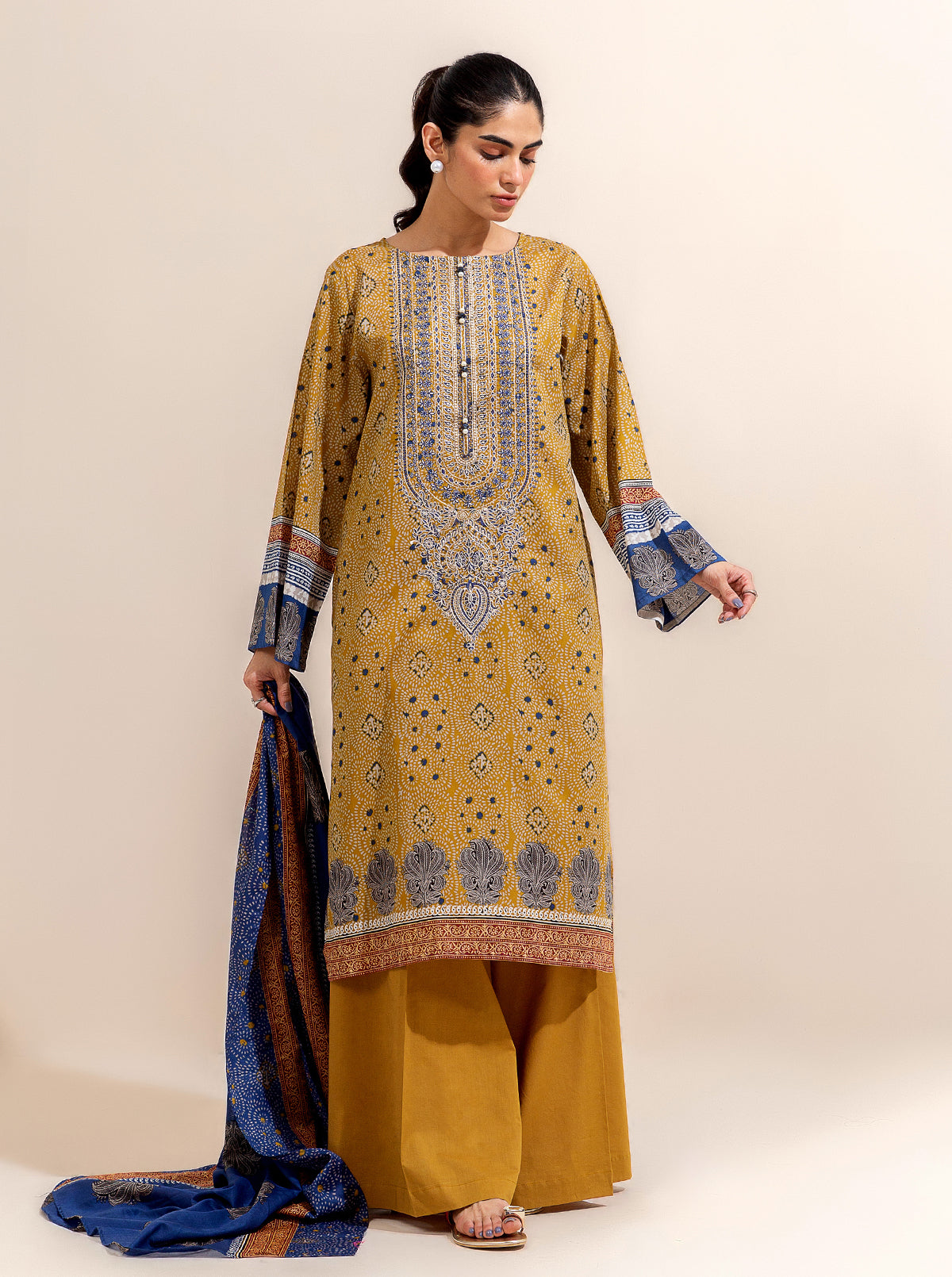 3 Piece Embroidered Lawn-Old Gold (Unstitched)
