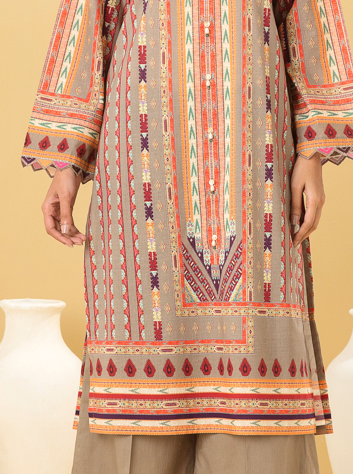 1 PIECE - PRINTED LAWN SHIRT - TRIBAL TAUPE