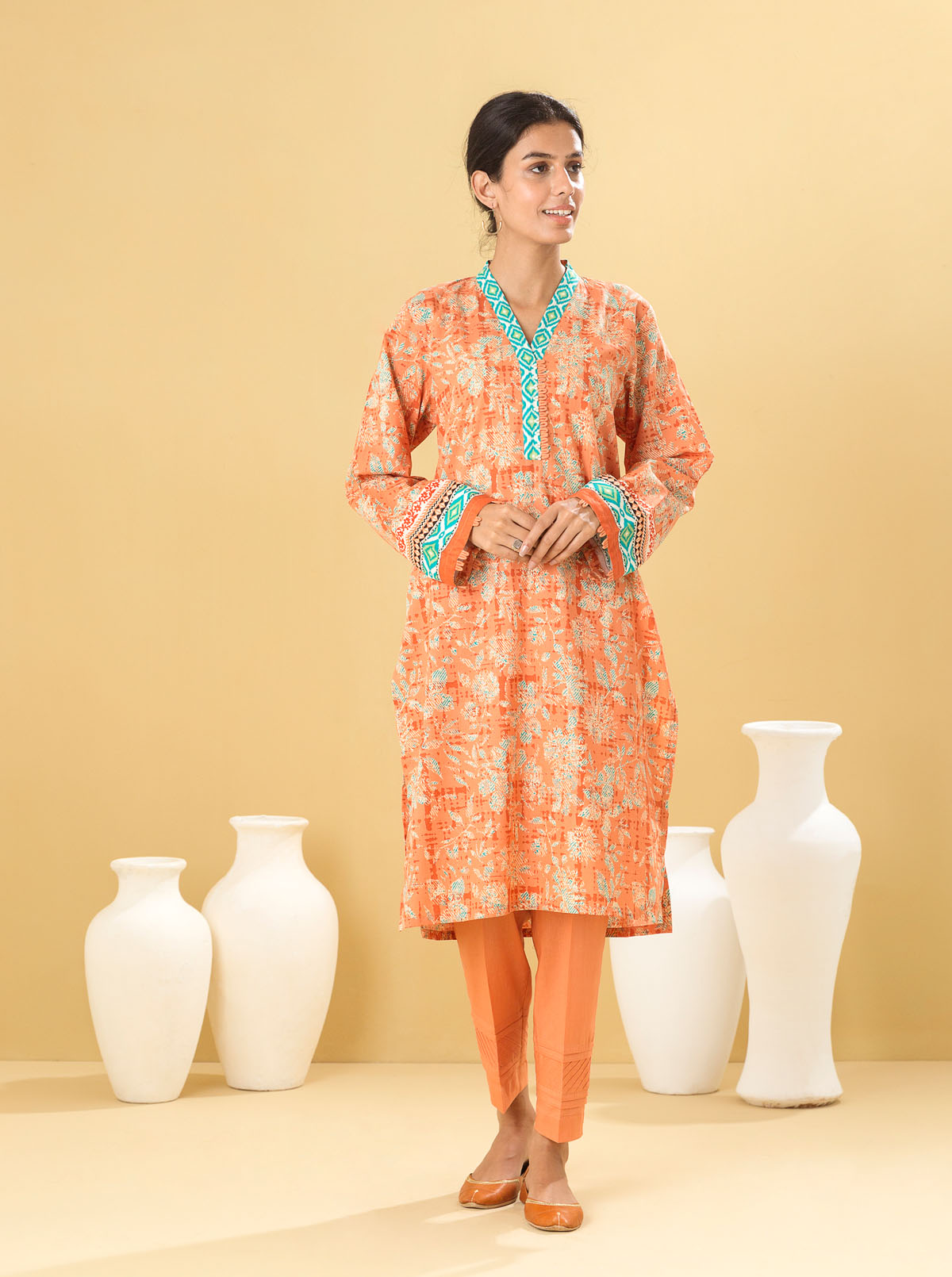 2 Piece - Printed Lawn Suit - Amber Tones