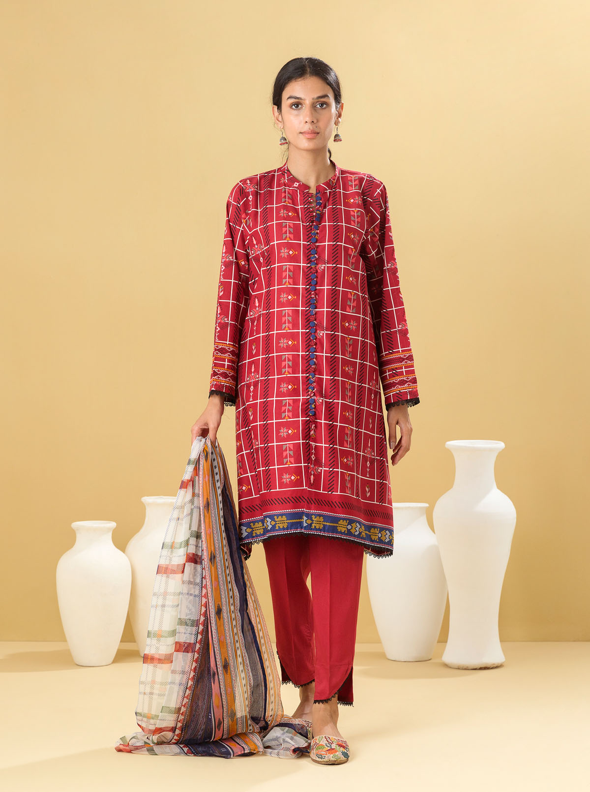 2 Piece - Printed Lawn Suit - Scarlet Grid