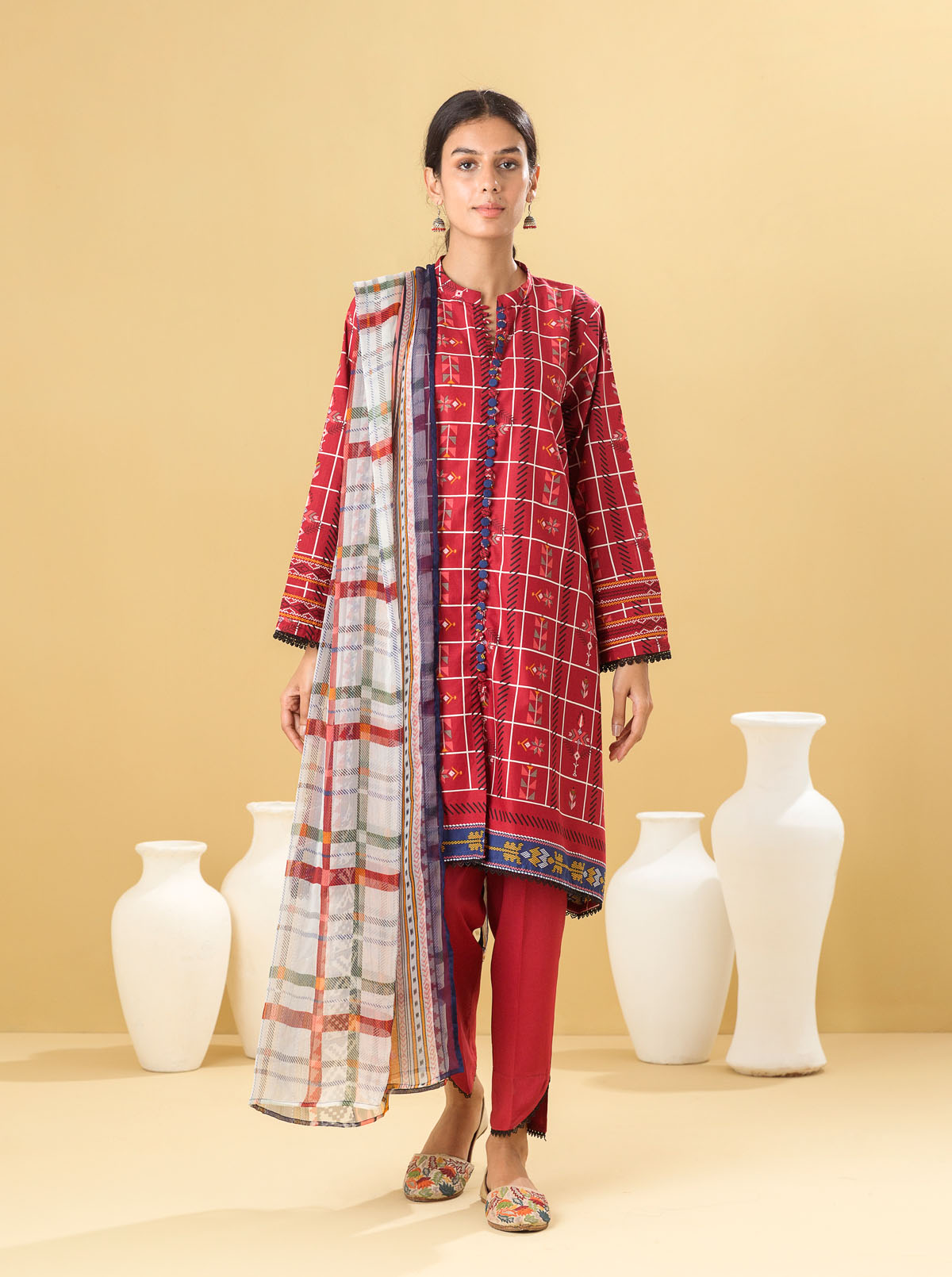 2 Piece - Printed Lawn Suit - Scarlet Grid