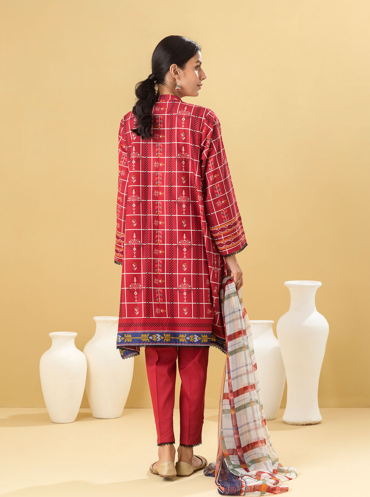 2 Piece - Printed Lawn Suit - Scarlet Grid