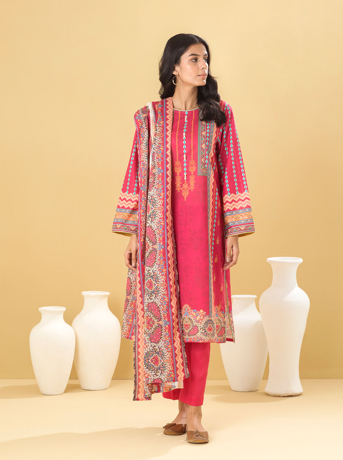 3 Piece - Printed Lawn Suit - Fuchsia Gleam