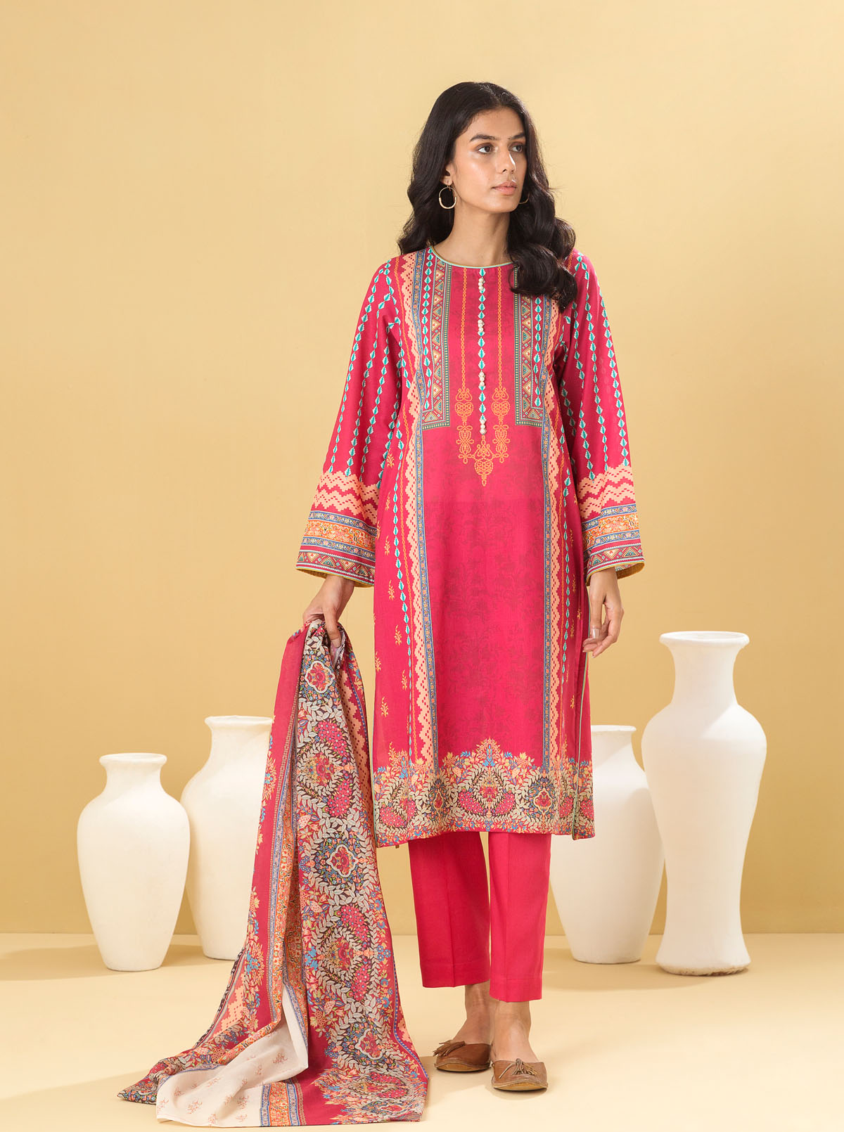 3 Piece - Printed Lawn Suit - Fuchsia Gleam