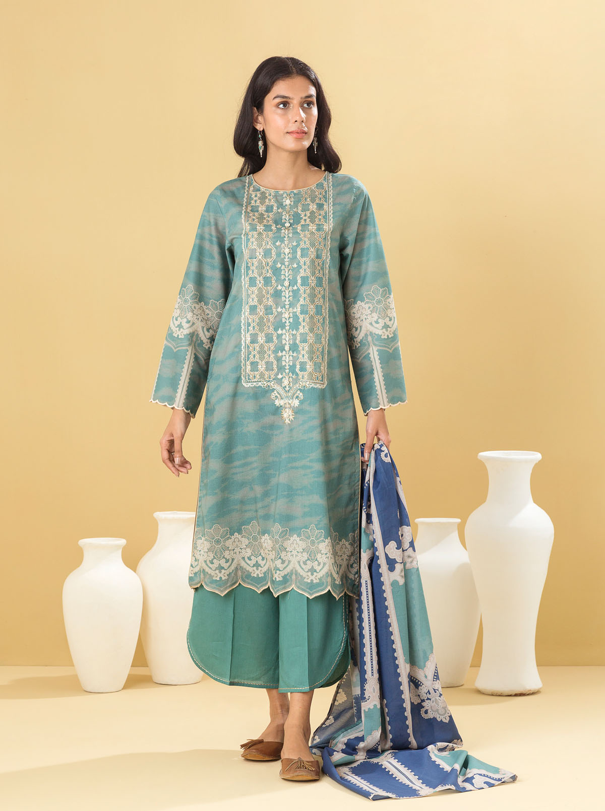 3 Piece - Embroidered Lawn Suit - Gemstone Teal