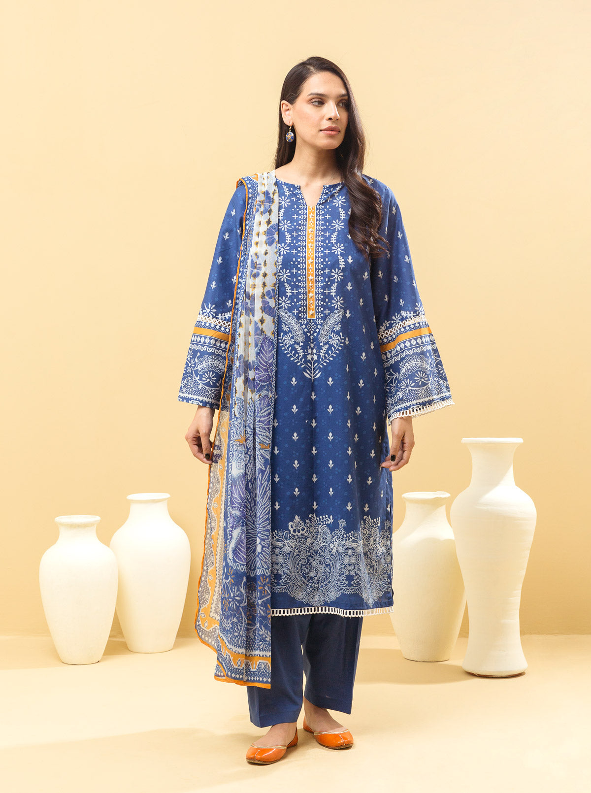 3 Piece - Printed Lawn Suit - Classic Blue