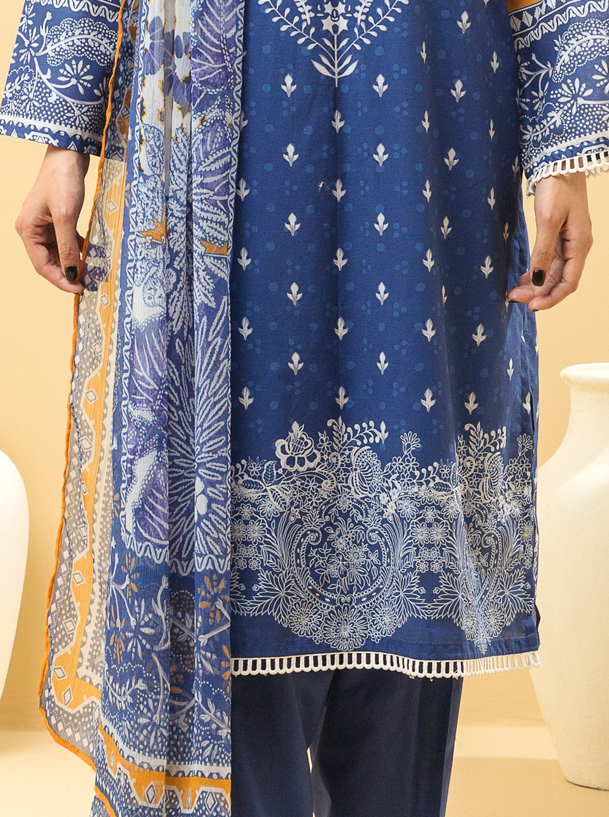 3 Piece - Printed Lawn Suit - Classic Blue