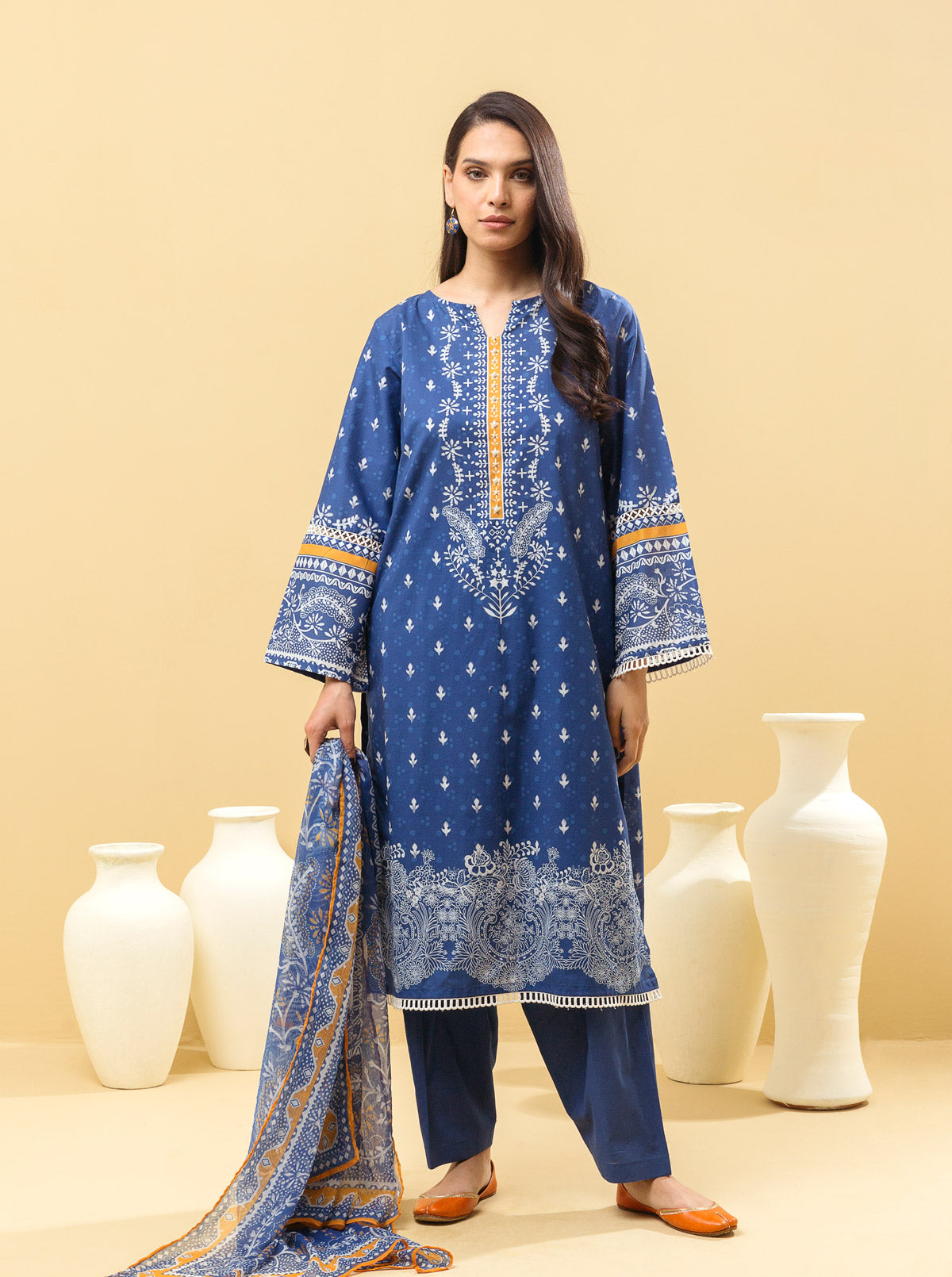 3 Piece - Printed Lawn Suit - Classic Blue