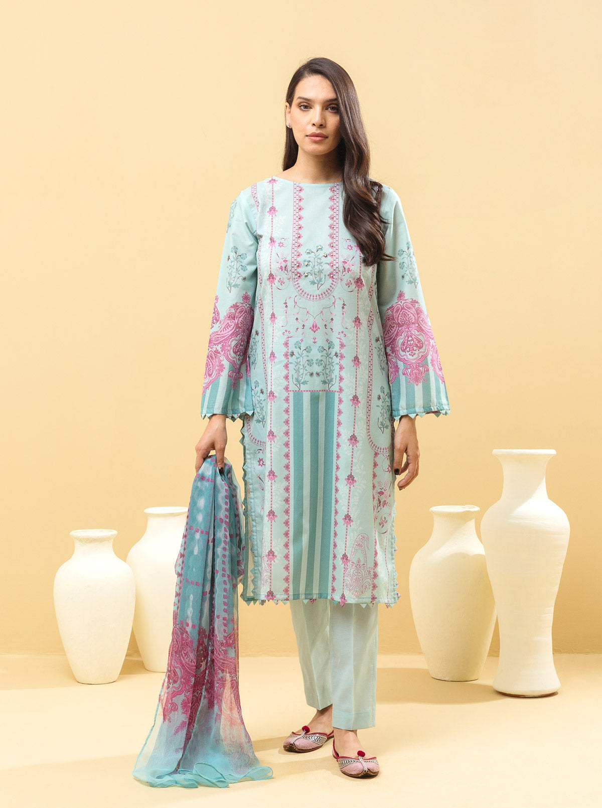 3 Piece - Printed Lawn Suit - Icy Mist