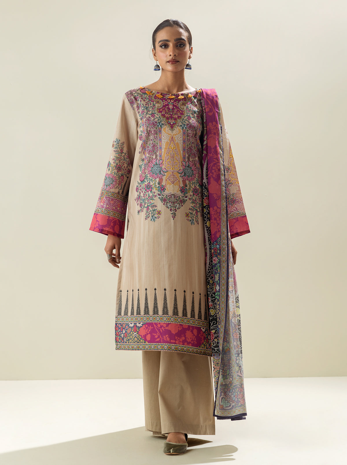3 Piece - Printed Lawn Suit - Royalty Beige