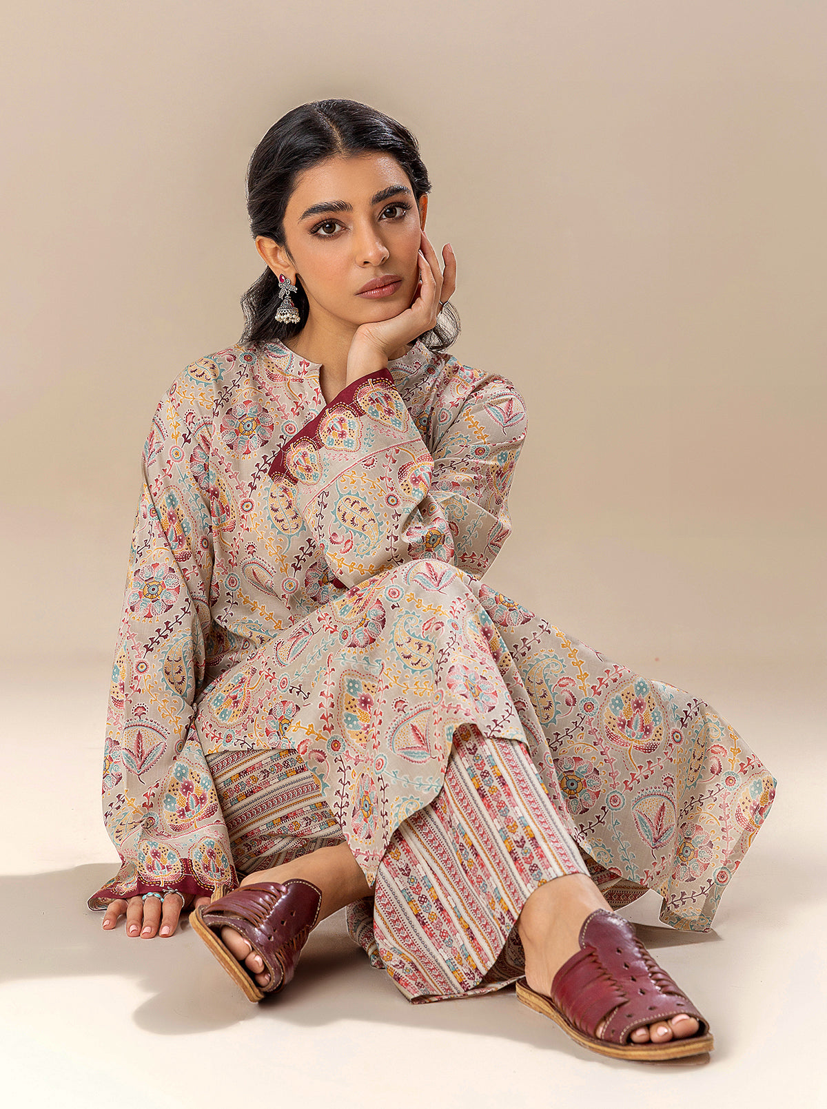 2 PIECE PRINTED LAWN SUIT-MEADOW MILK (UNSTITCHED)