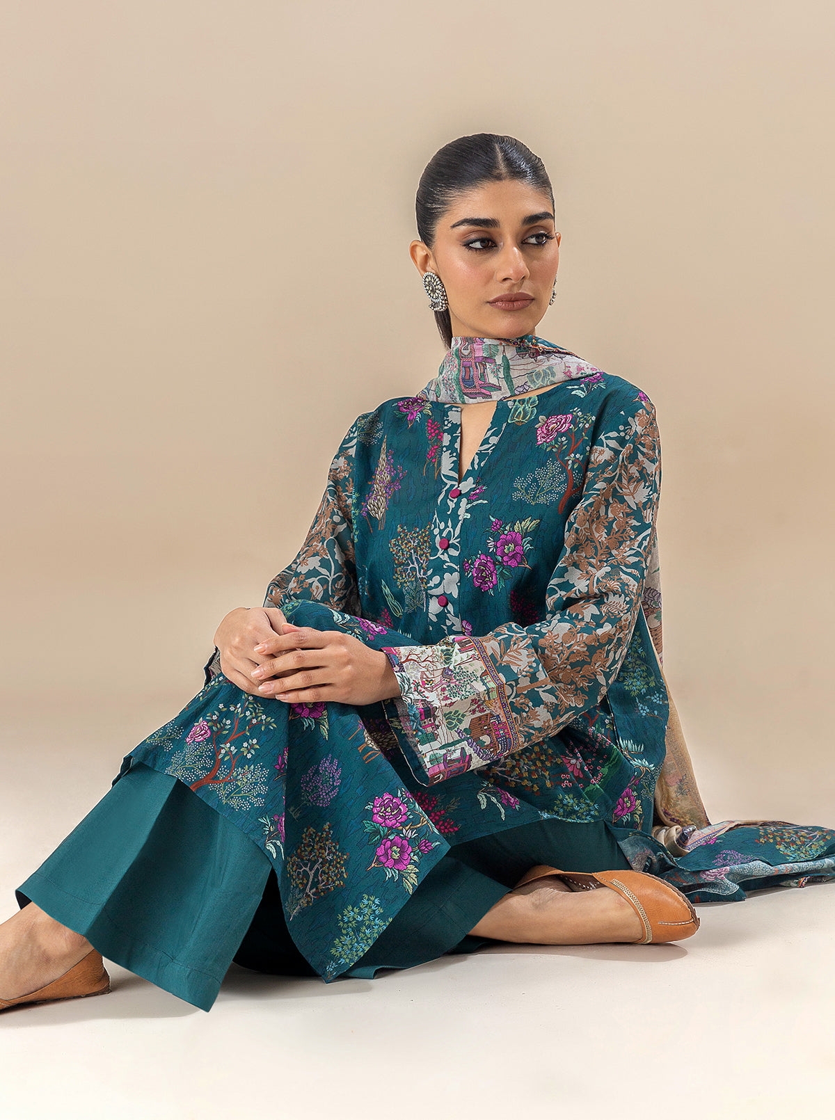 3 Piece Printed Lawn Suit-Serenity Greens (Unstitched)
